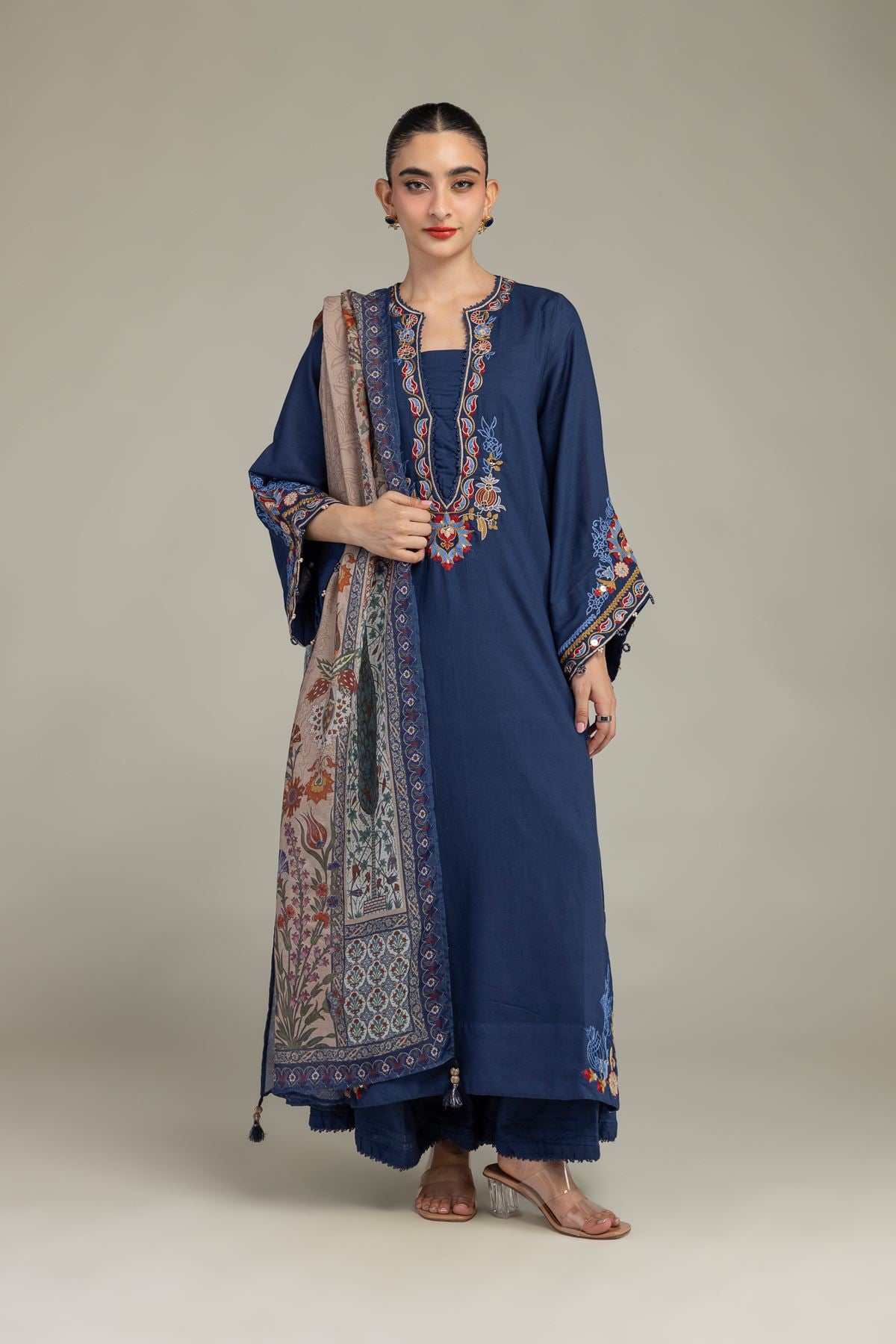 Embroidered Raw Silk Silk Navy Pants - 2-26-208-A-E1-VG