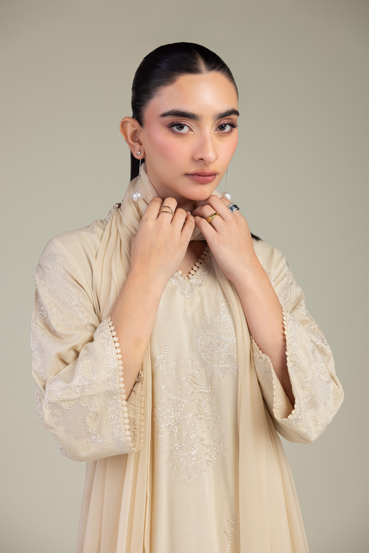 Embroidered Chiffon Beige Floral Dupatta - 1-26-102-A-F-VG
