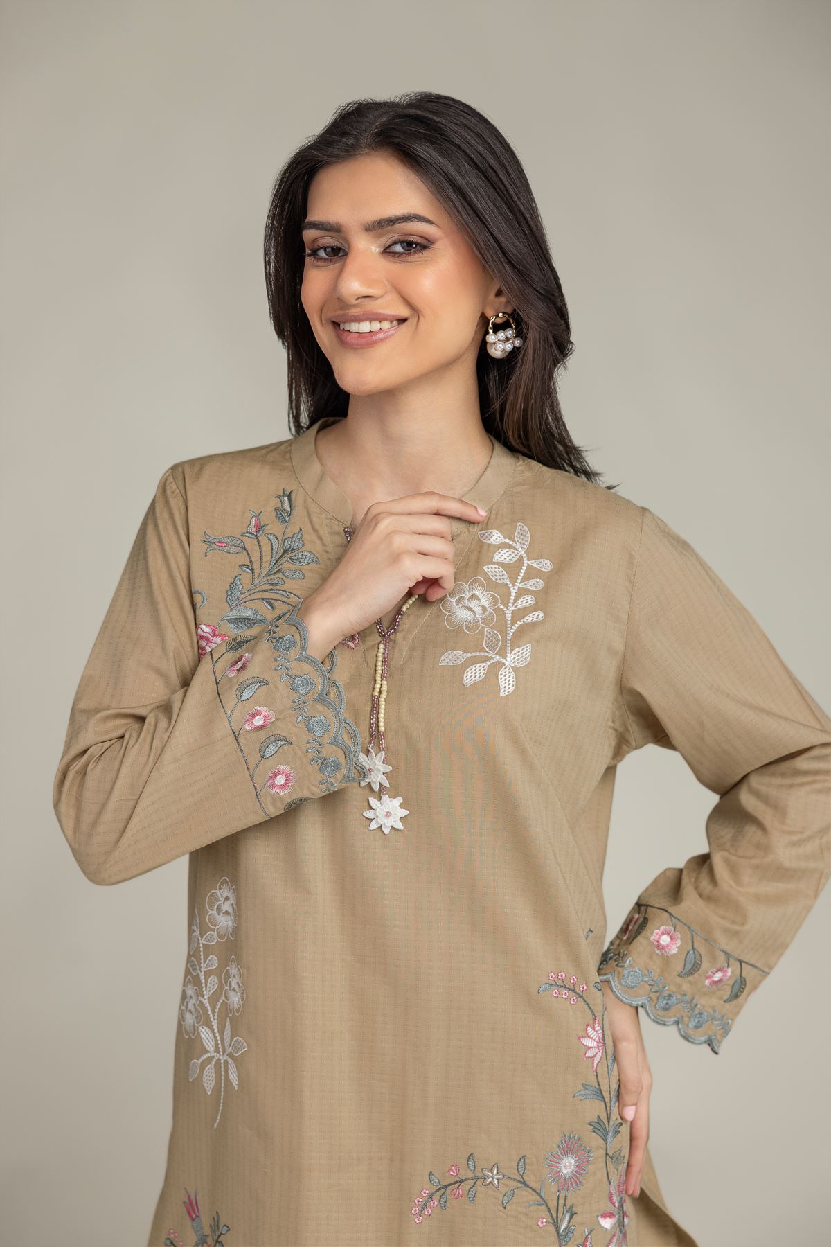 Embroidered Cotton Dobby Floral V-Neck Kurta - 1-26-245-A-J1-VG