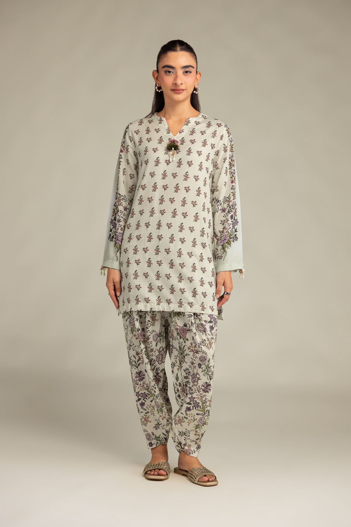 Printed Raw Silk Floral Silk Shalwar - 12-26-301-A-E1-VG