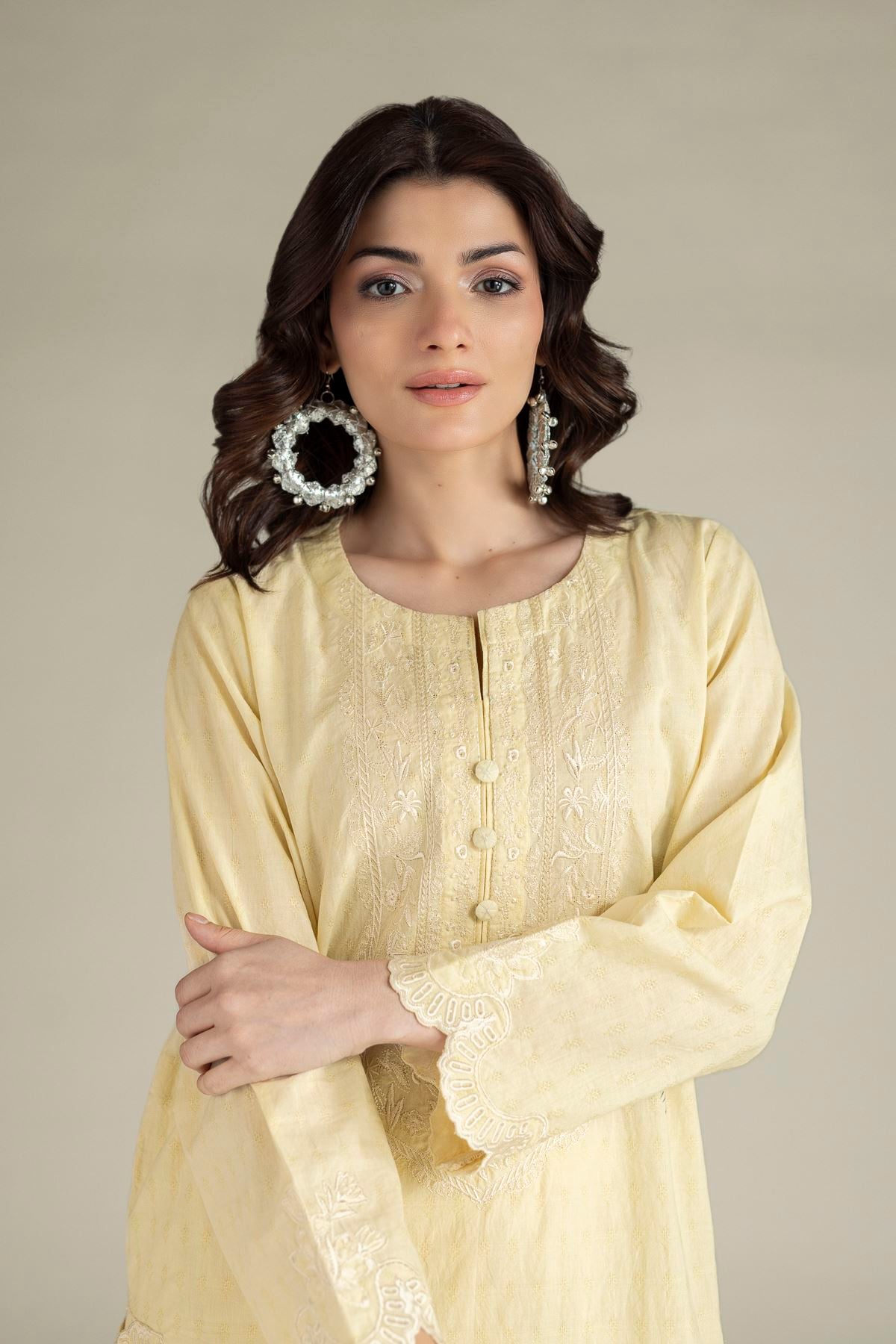 Embroidered Cotton Dobby Yellow Tailored 2-Piece - T-A22-26-124FI2-VG