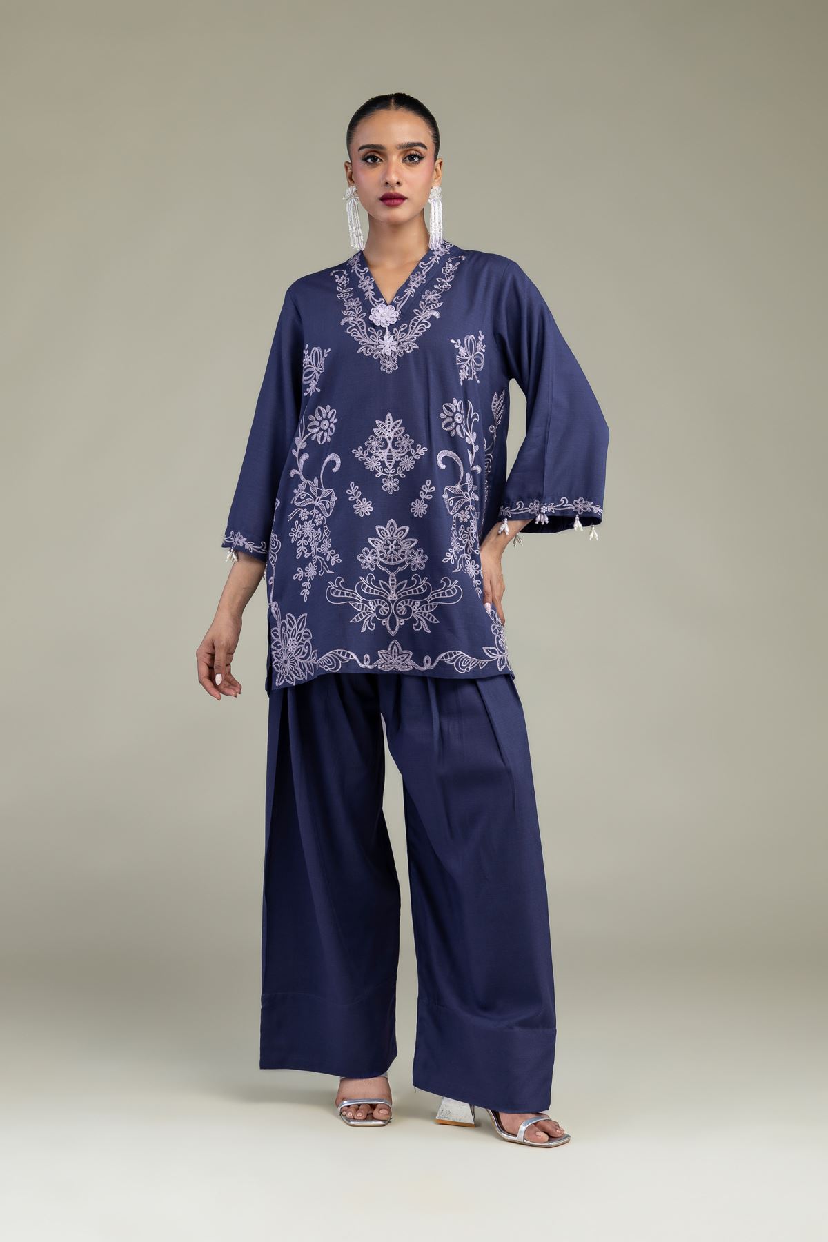Embroidered Raw Silk Floral V-Neck Kurta - 2-26-302-B-F1-VG