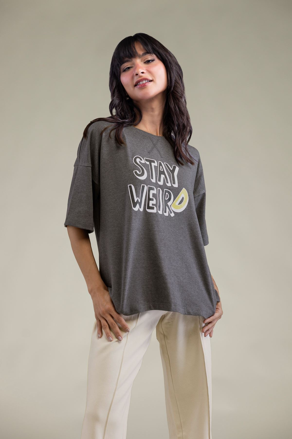 Embroidered Lycra Jersey Gray Round-Neck T-shirt - 3-26-204-A-H1-VG