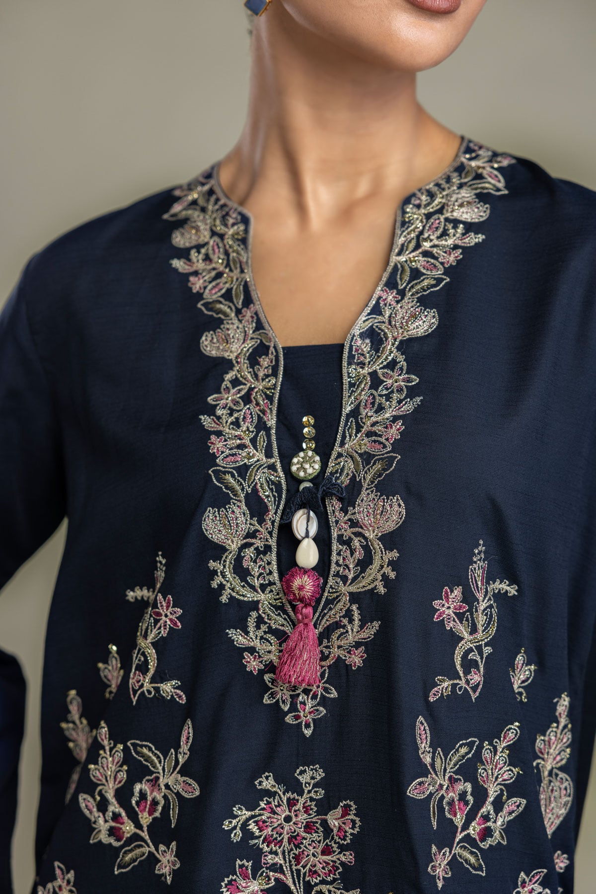Embroidered Raw Silk Short Navy Kurta - 2-26-202-A-D-VG