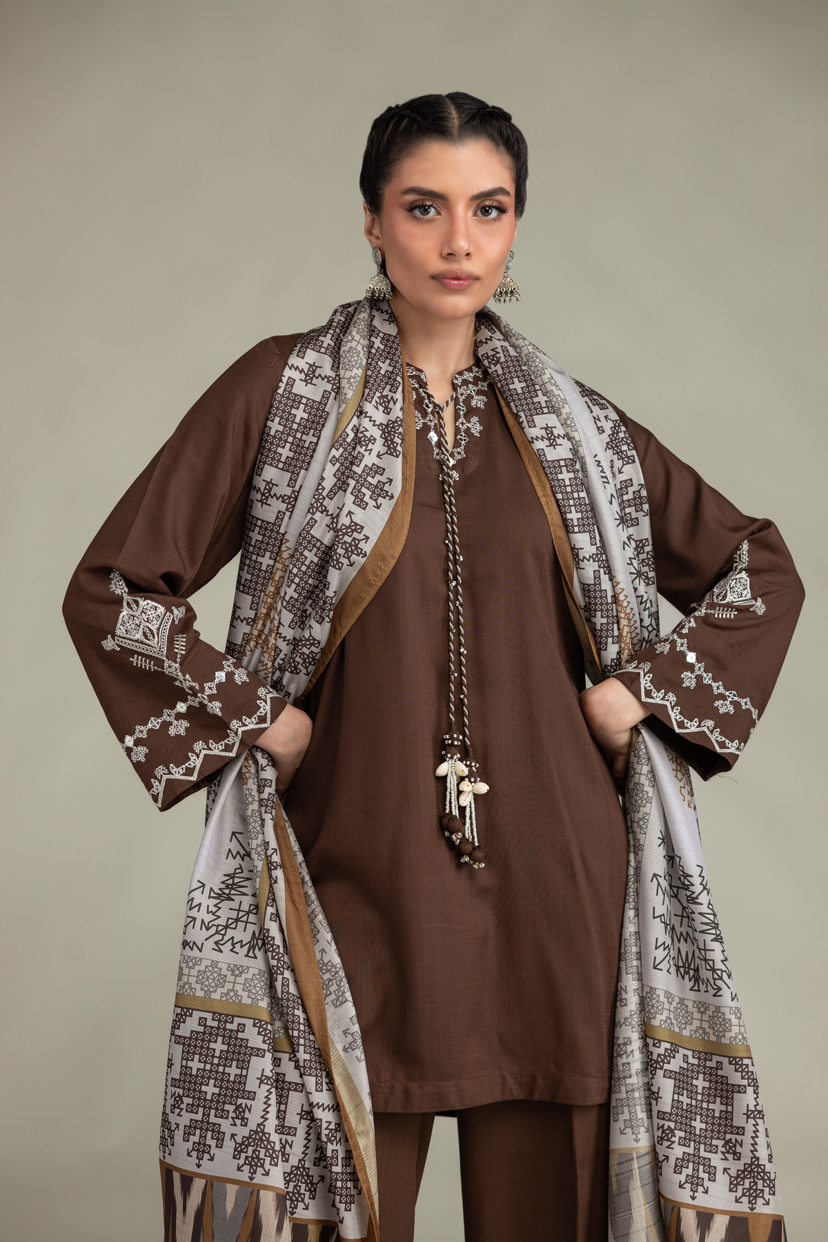 Embroidered Polyester Silk Brown Silk Dupatta - 1-26-102-A-F-VG