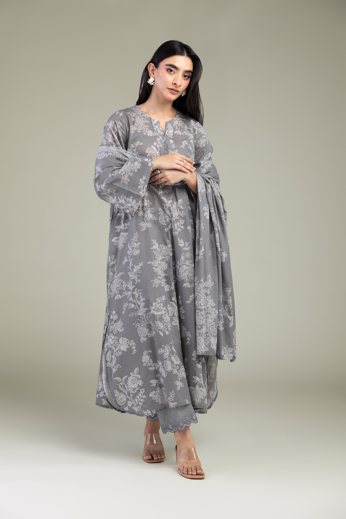 Embroidered Lawn Gray Lawn Dupatta - 1-26-102-A-F-VG