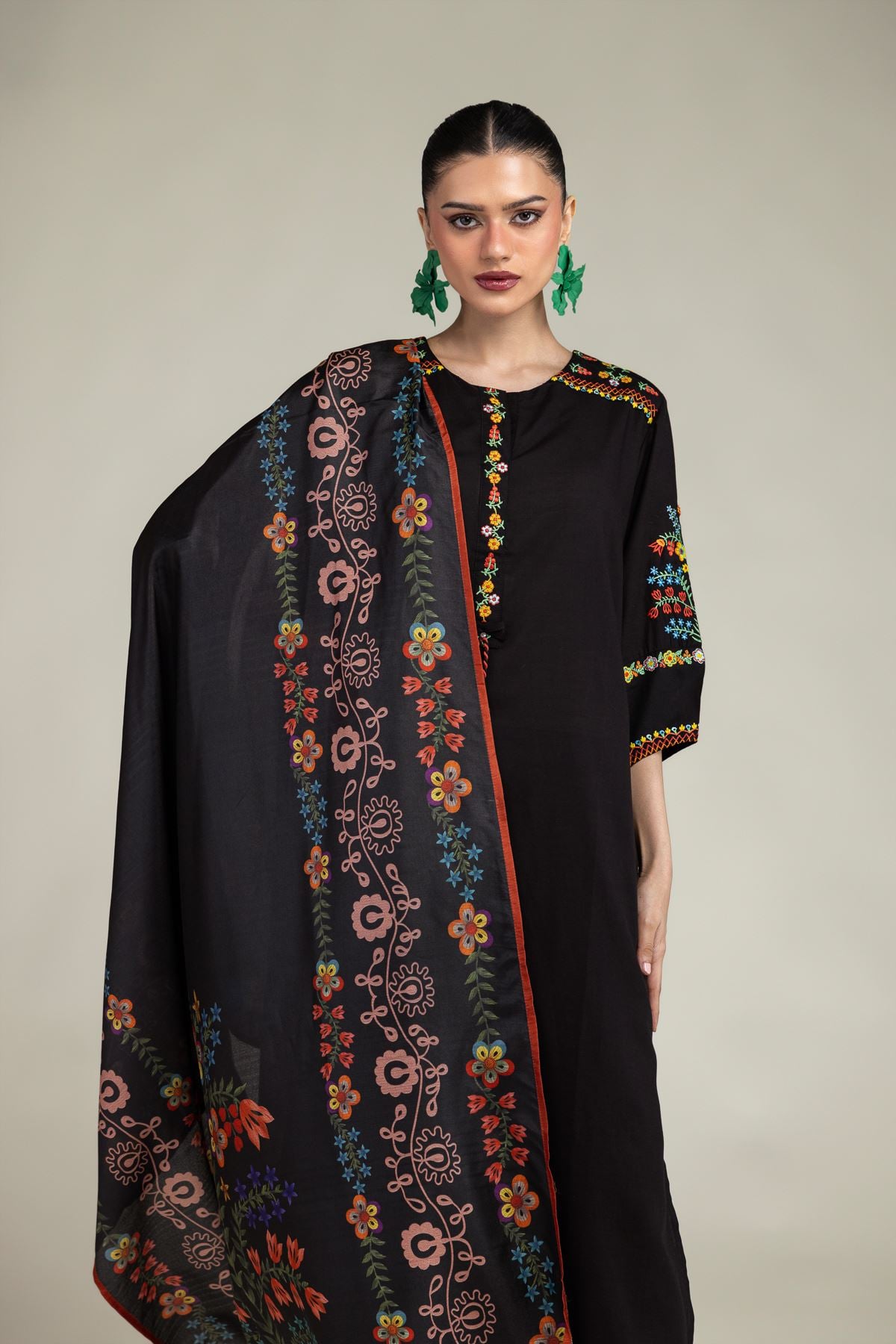 Embroidered Polyester Silk Floral Black Dupatta - 1-26-203-A-G1-VG