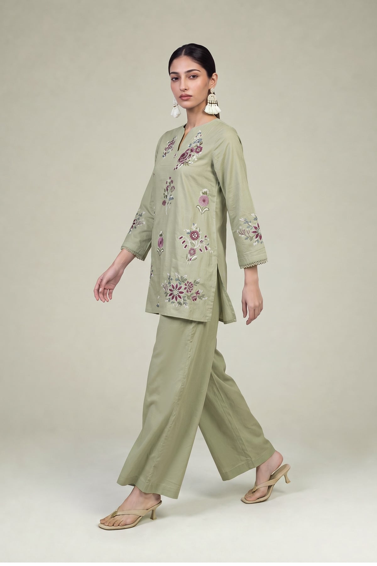 Embroidered Cambric Solid Olive Pants - 2-26-308-A-G1-VG