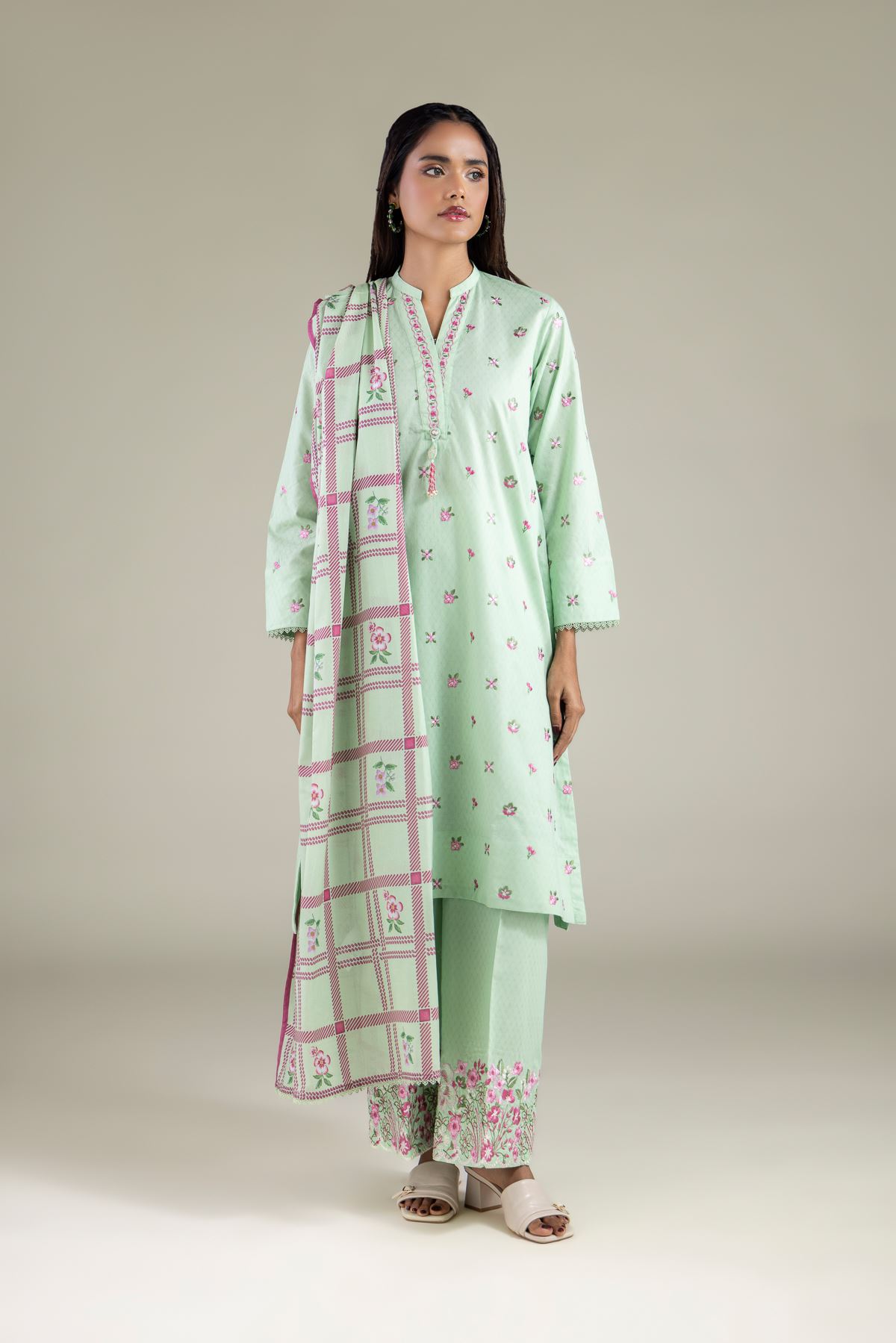 Embroidered Lawn Floral Geometric Dupatta - 1-26-119-C-G-VG