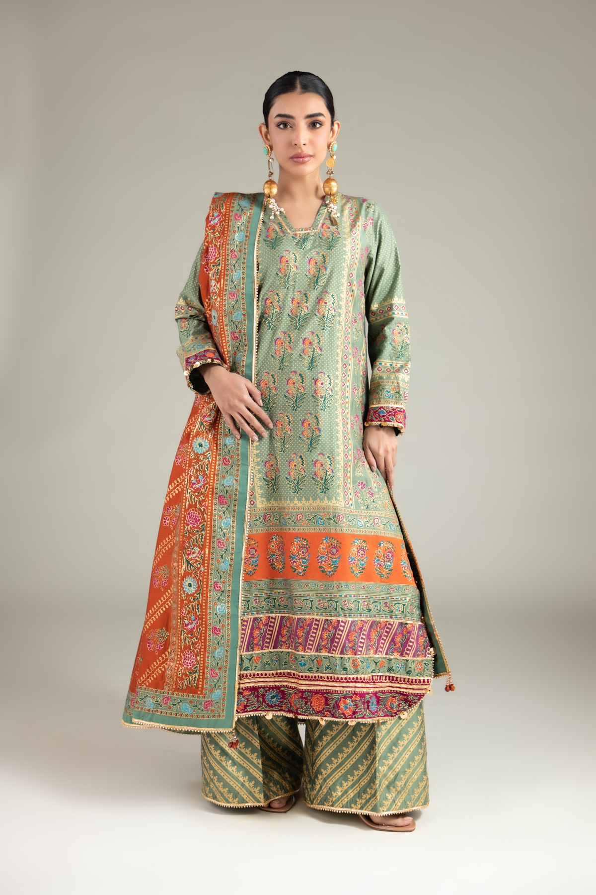 Printed Raw Silk 3 Piece Co-ord Set - 25-09-10E2-07TB-VG