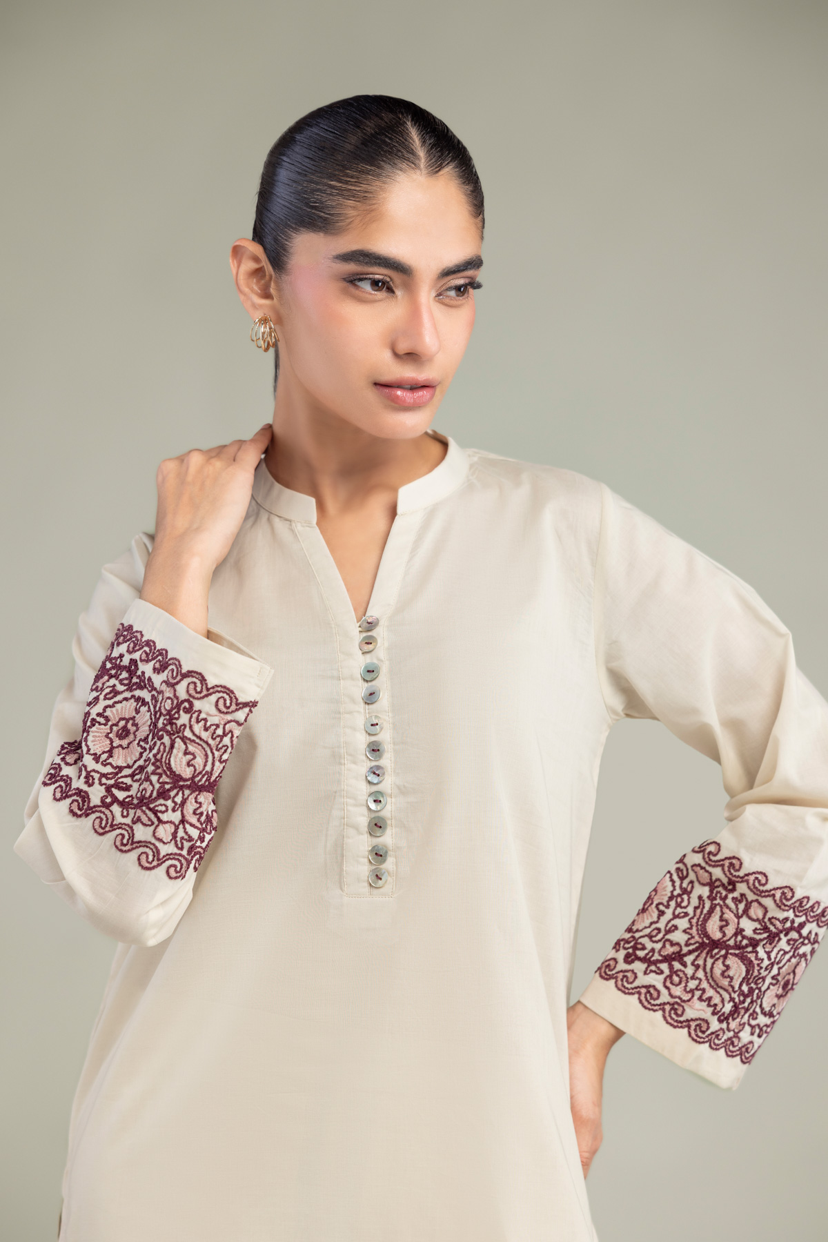 Embroidered Cambric V-Neck Cambric Kurta - 1-26-102-A-F-VG