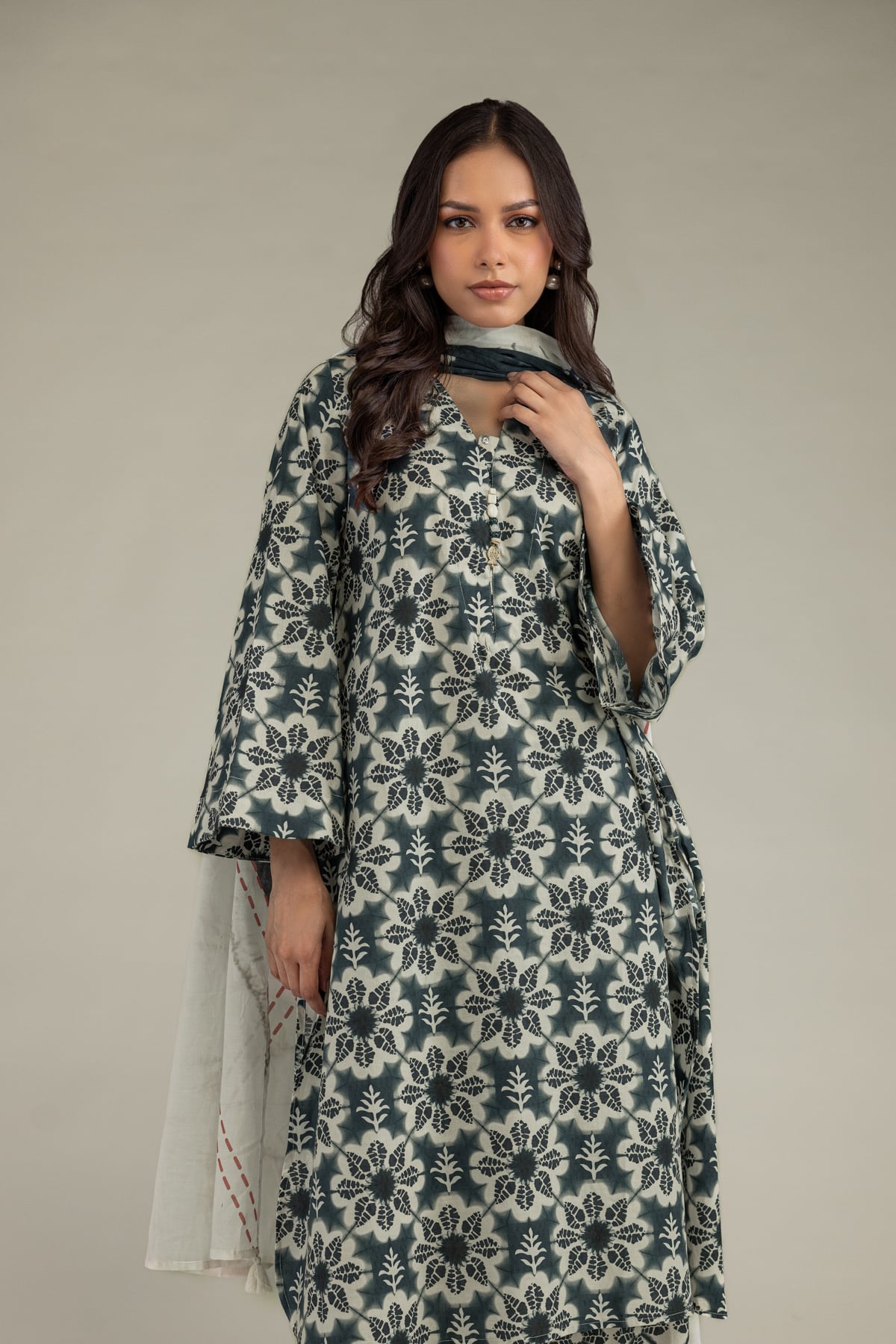 Printed Cotton Dobby Floral Longline Kurta - 1-26-102-A-F-VG