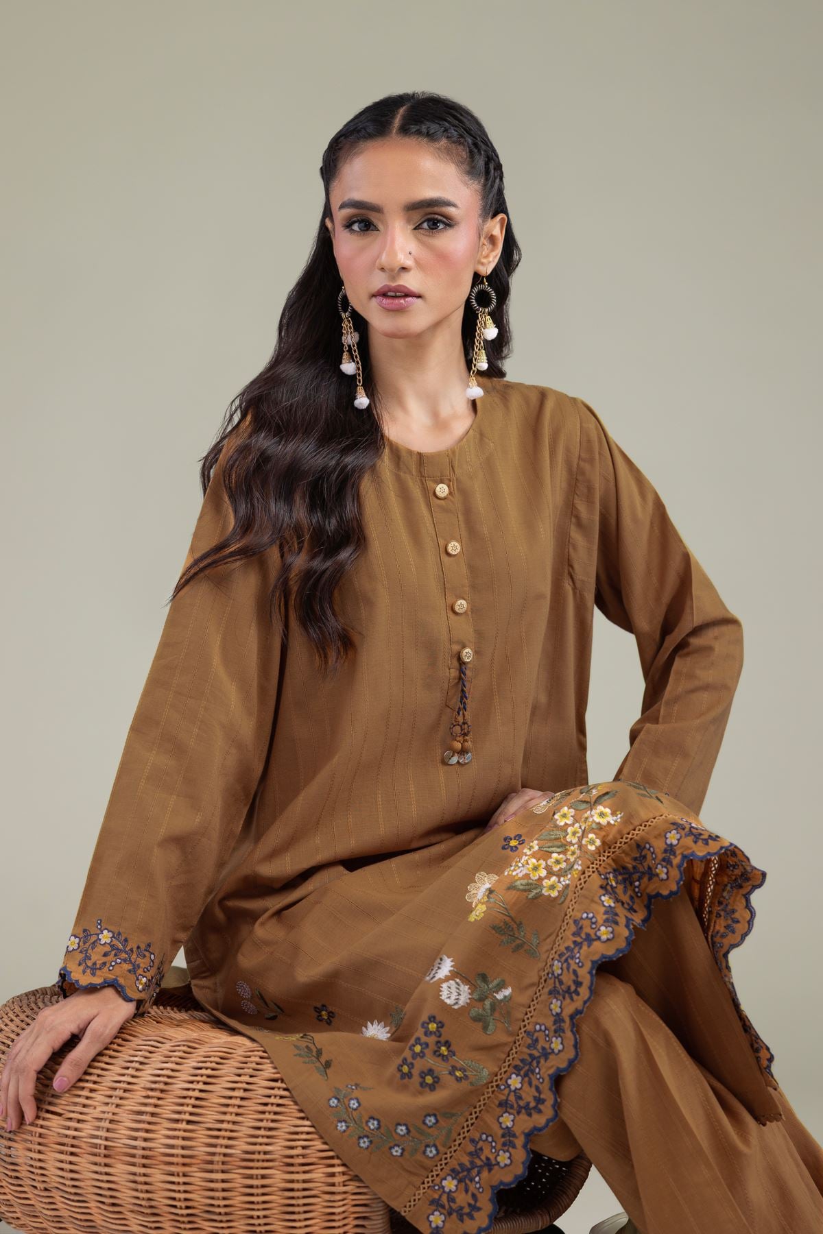 Embroidered Textured Cotton Cotton Longline Kurta - 1-26-206-A-F1-VG