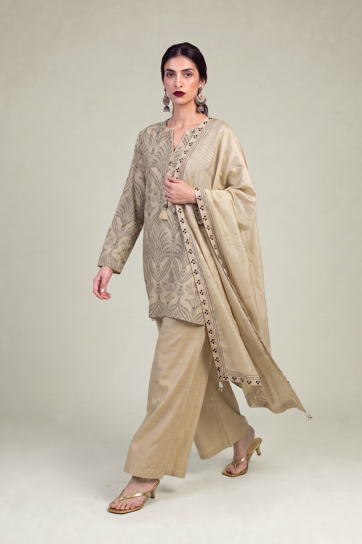Embroidered Polyester Silk Beige Silk Dupatta - 1-26-309-B-D1-VG