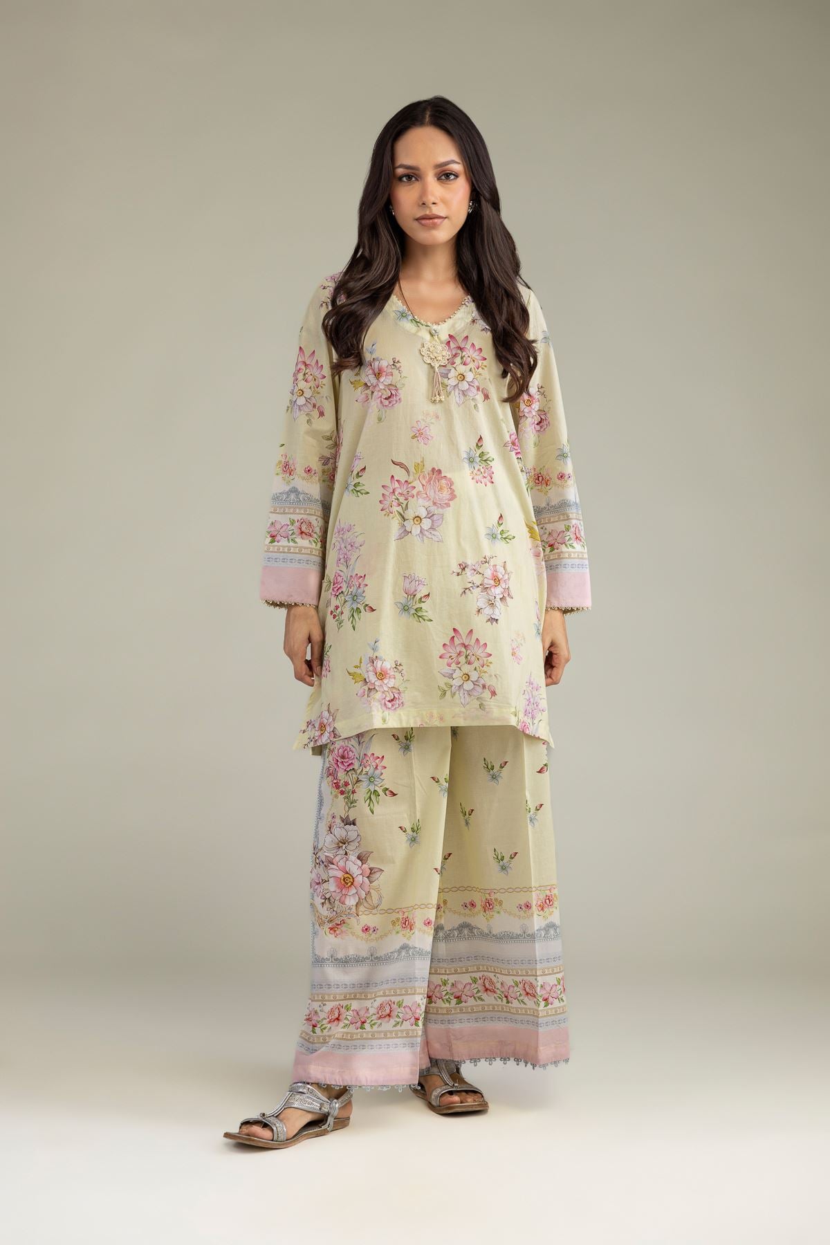 Printed Cambric Beige Floral Pants - 1-26-102-A-F-VG