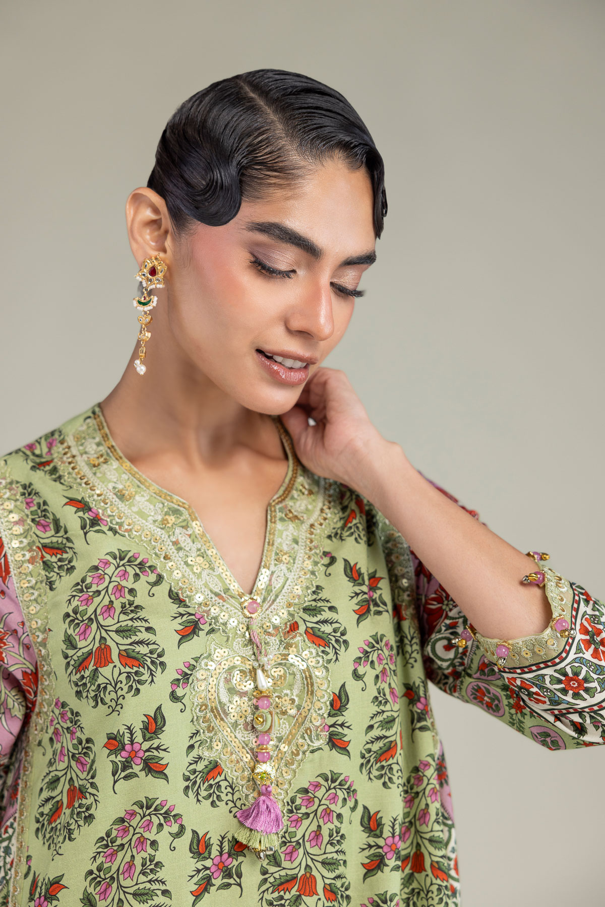 Embroidered Raw Silk Long Green Kurta - A22-26-214FH1-VG