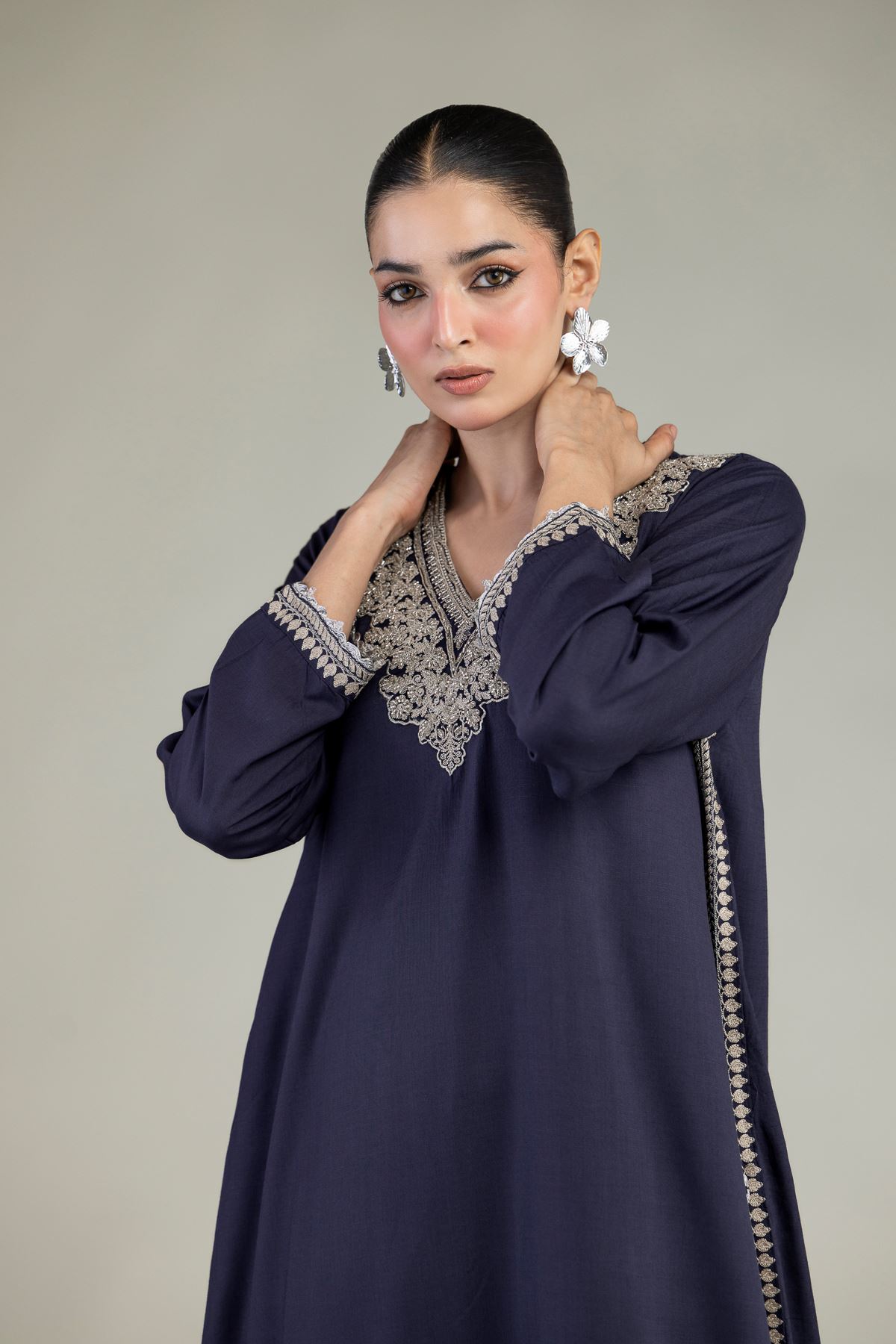 Embroidered Raw Silk Navy V-Neck Kurta - 2-26-203-A-B1-VG