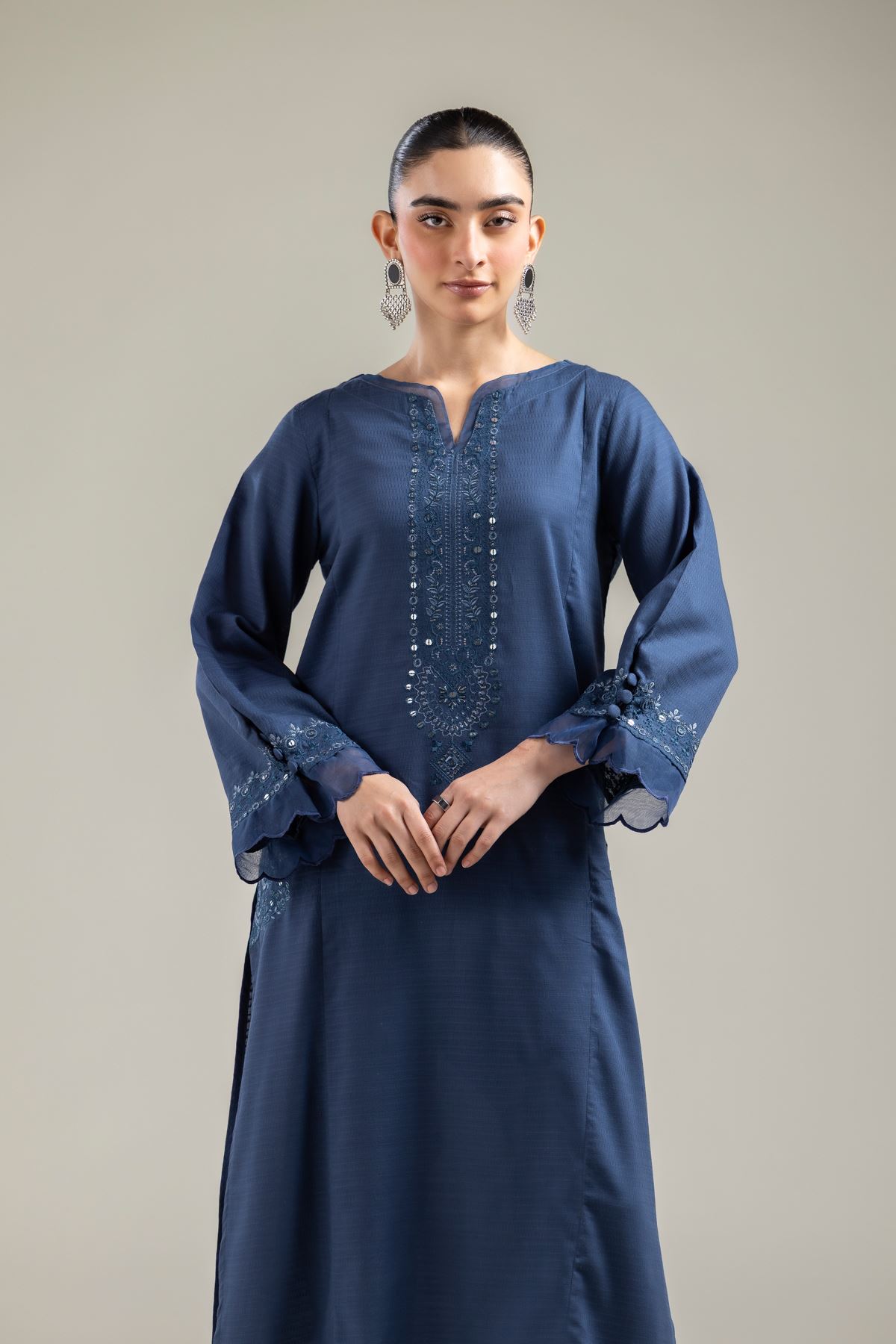 Embroidered Cotton Dobby Long Navy Kurta - T-A22-26-122FI1-VG