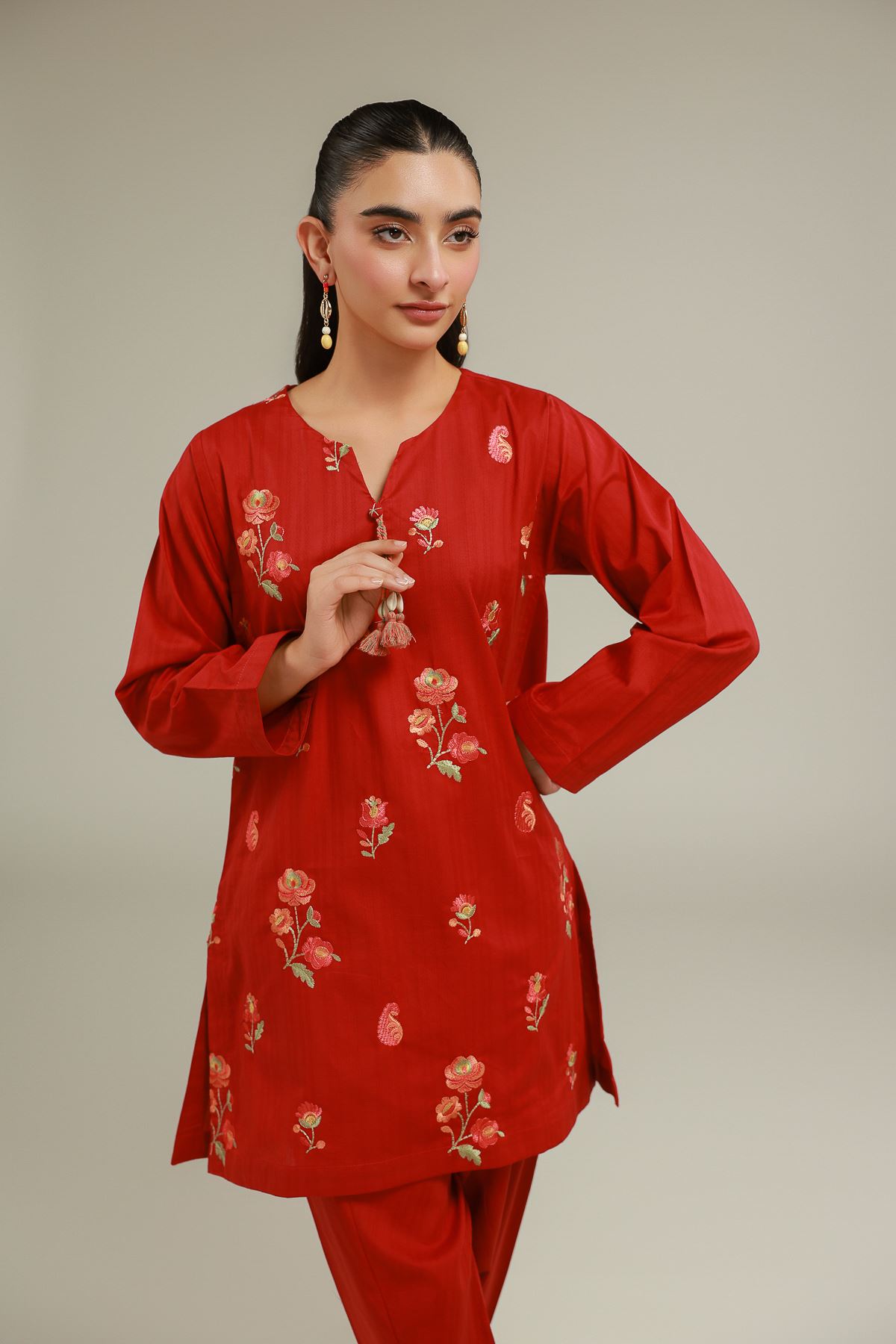 Embroidered Cotton Dobby Red Floral Kurta - T-A22-26-103FA1-VG