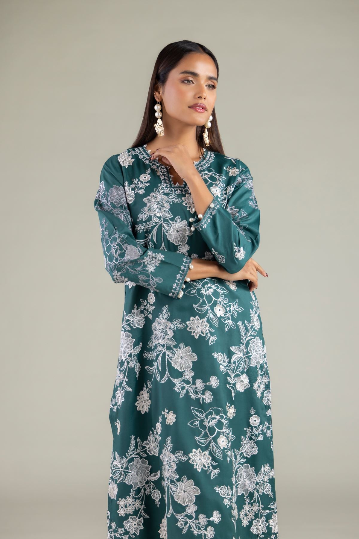Embroidered Raw Silk Pearl Floral Kurta - 1-26-108-A-F-VG