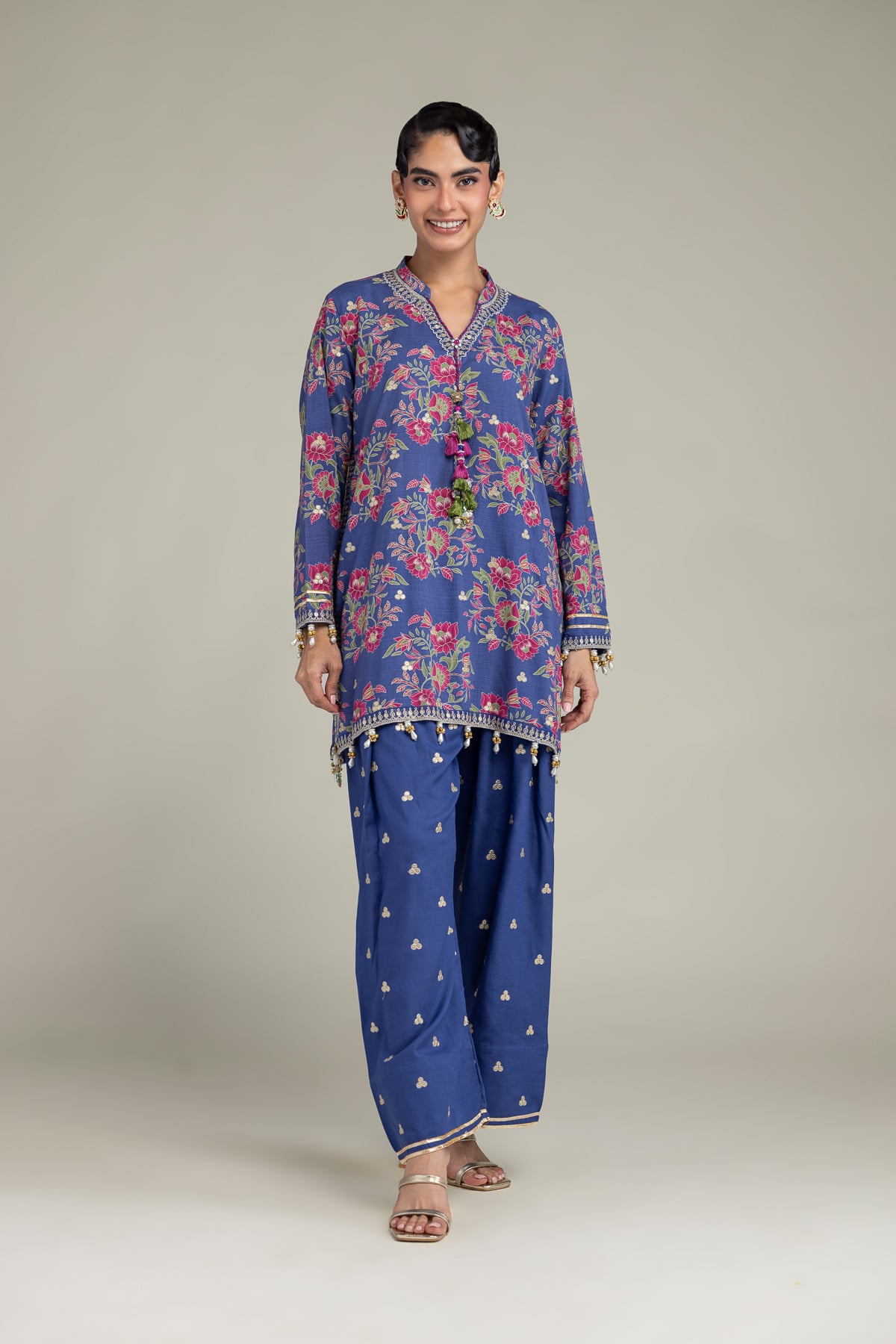 Embroidered Raw Silk Blue Silk Shalwar - 1-26-102-A-F-VG