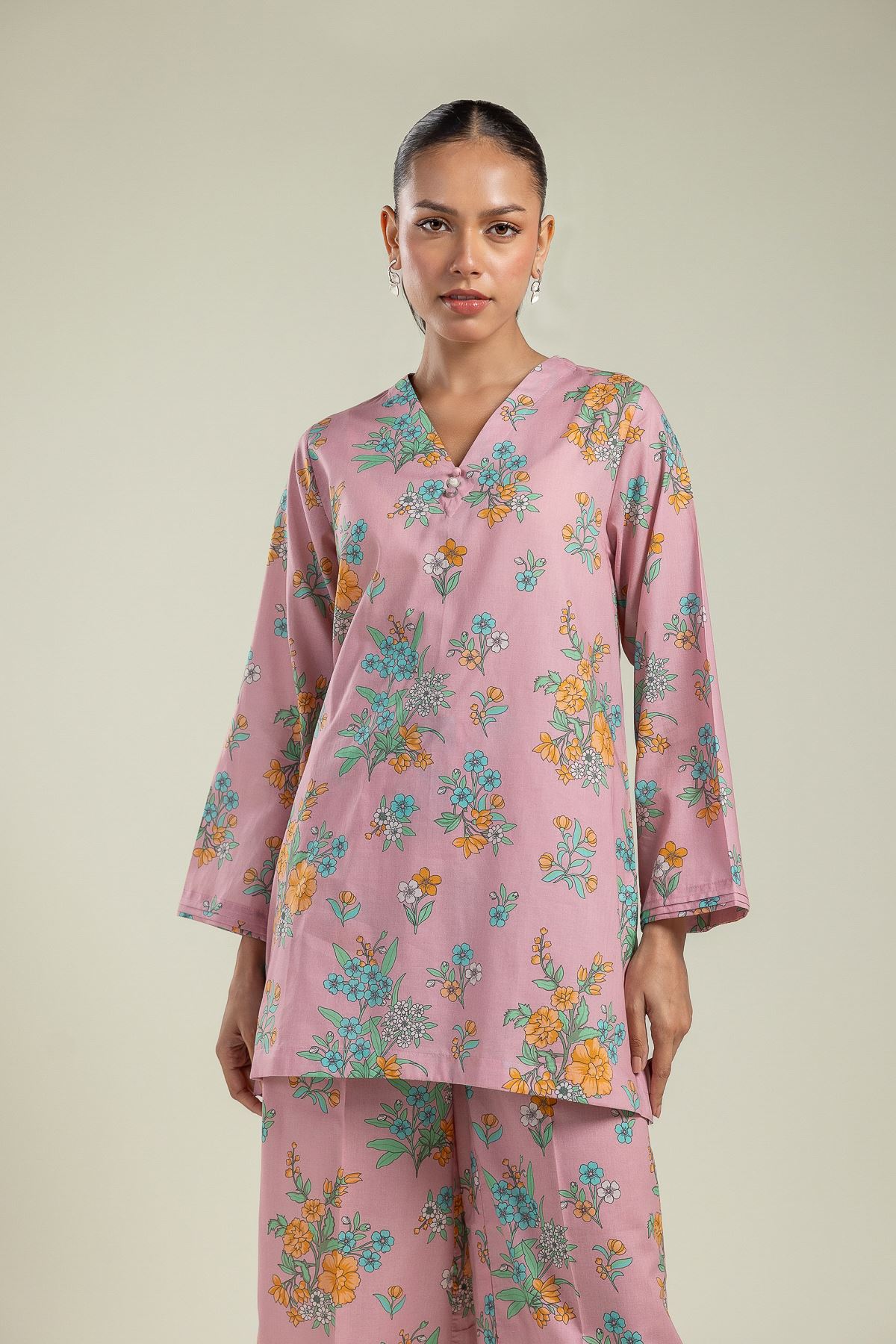 Printed Cambric Floral V-Neck Kurta - 1-26-201-A-C-VG
