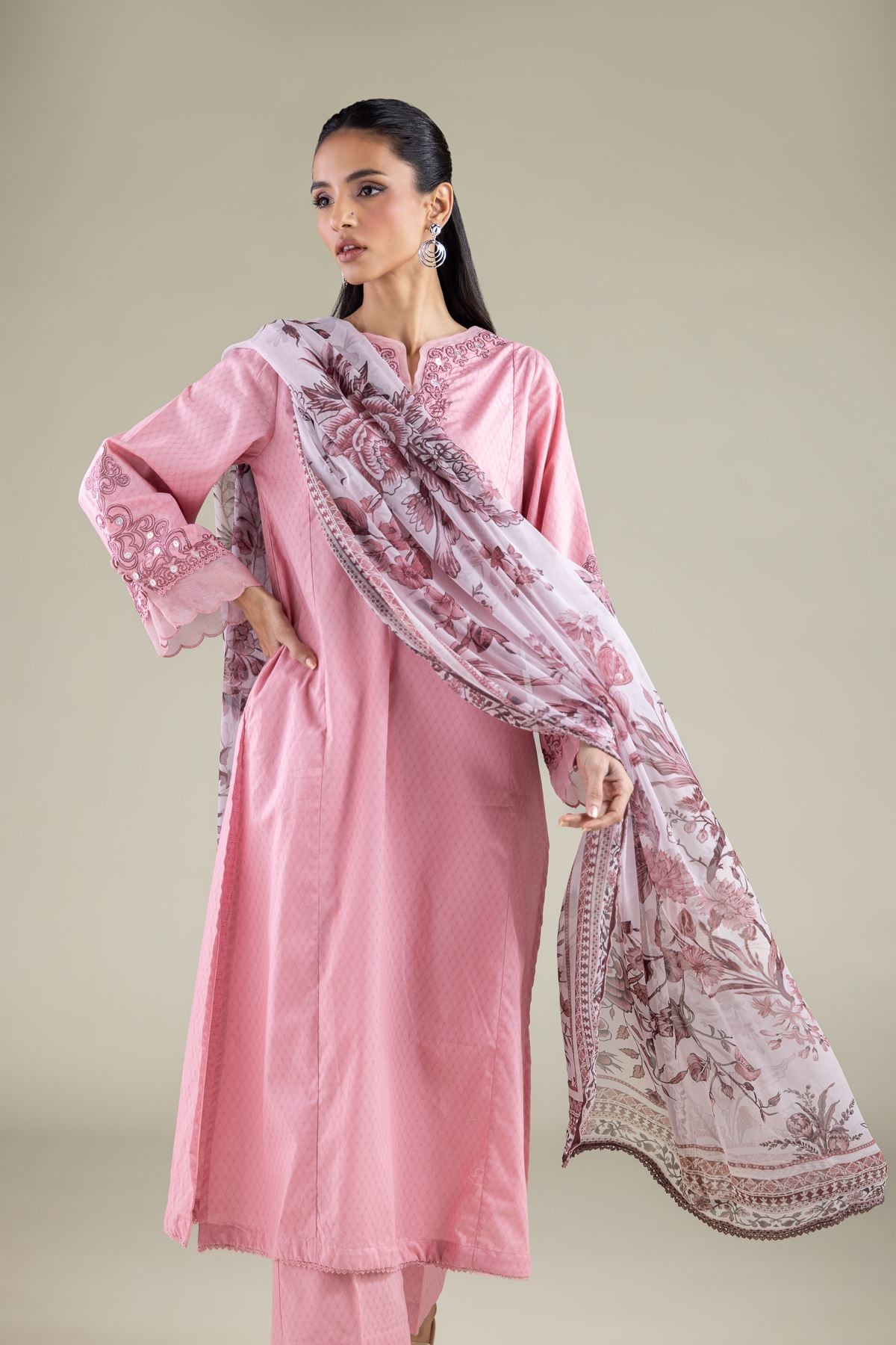 Embroidered Cotton Dobby Round V-Neck Kurta - 2-26-104-A-E-VG