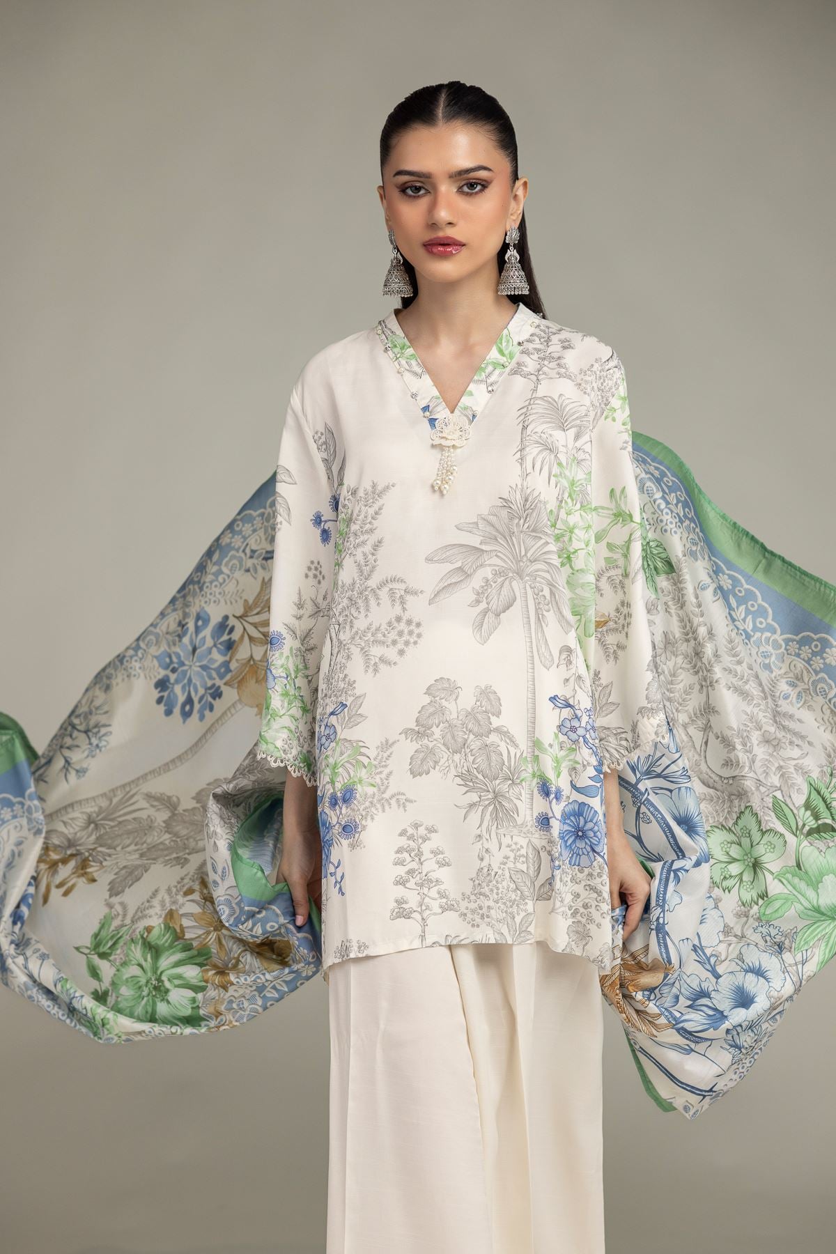 Embroidered Raw Silk Floral V-Neck Kurta - 1-26-221-A-G1-VG