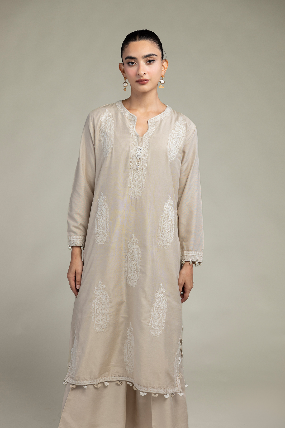 Embroidered Raw Silk Paisley Beige  Kurta - T-A33-26-204FB1-VG