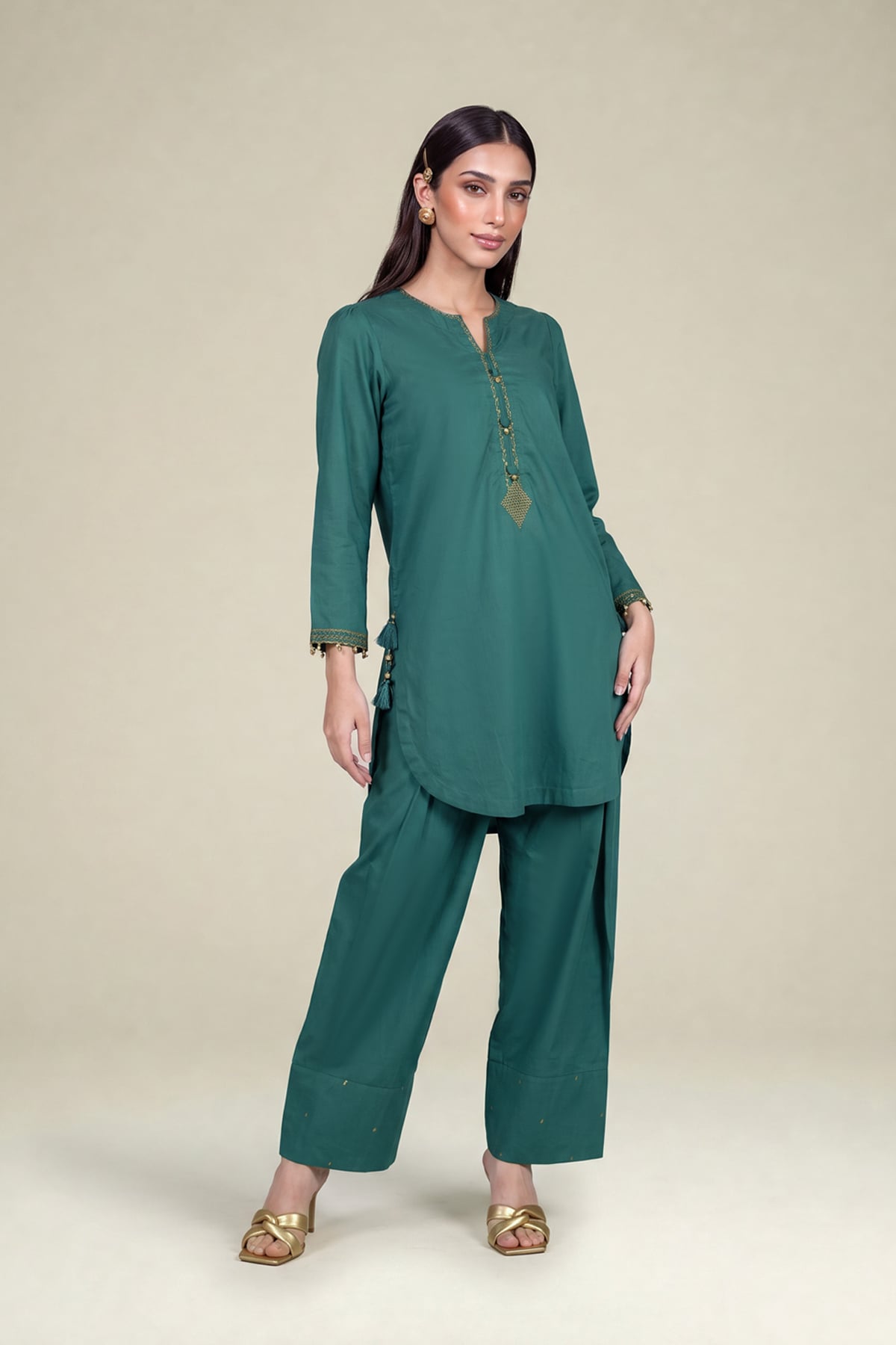 Embroidered Cambric Solid Teal Shalwar - 1-26-244-A-D1-VG