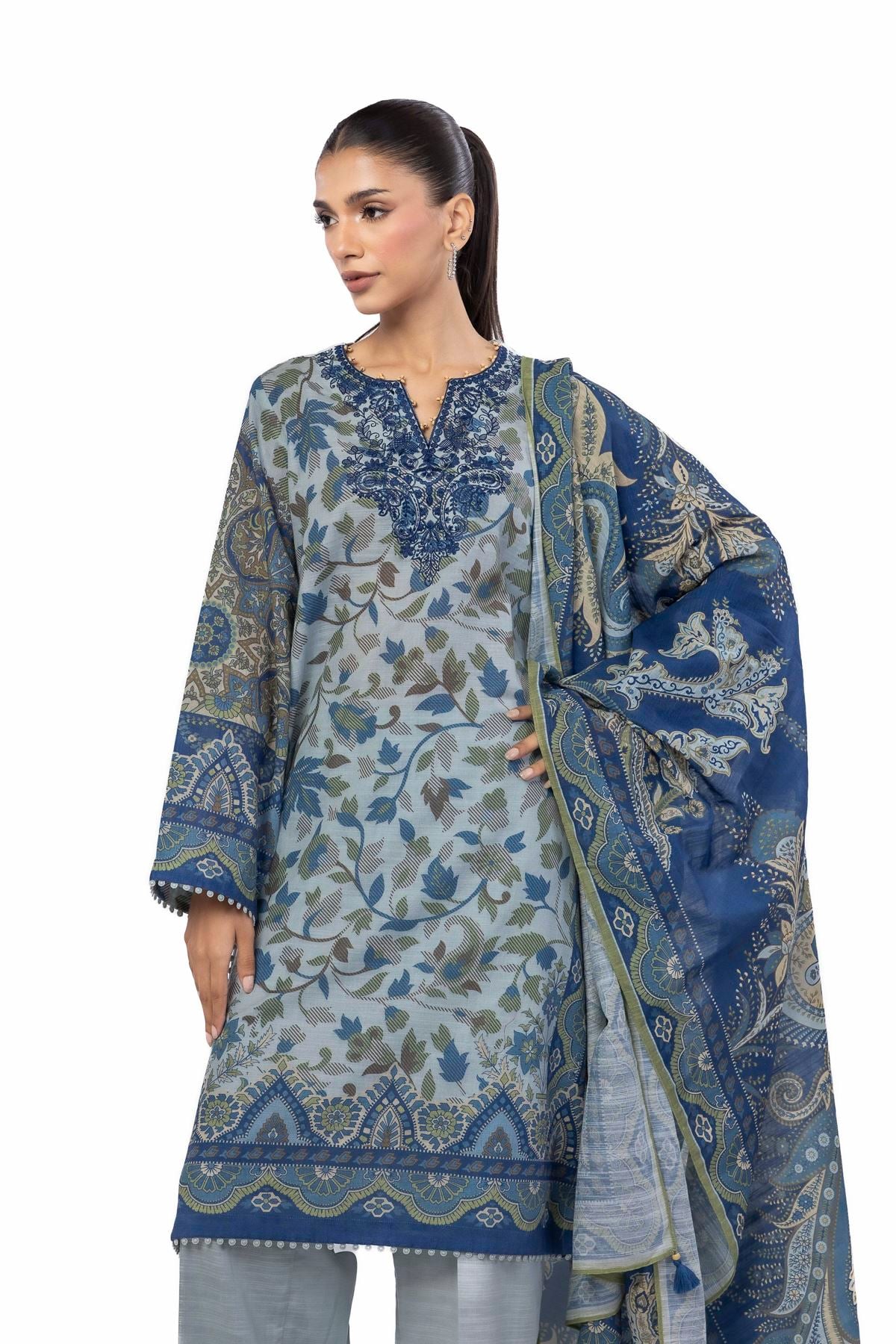 Embroidered Slub Cotton Tailored 3 Piece - CV05AST-VG