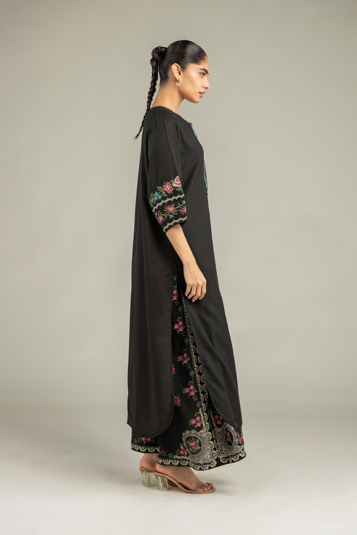Embroidered Raw Silk Black Floral Pants - 1-26-102-A-F-VG