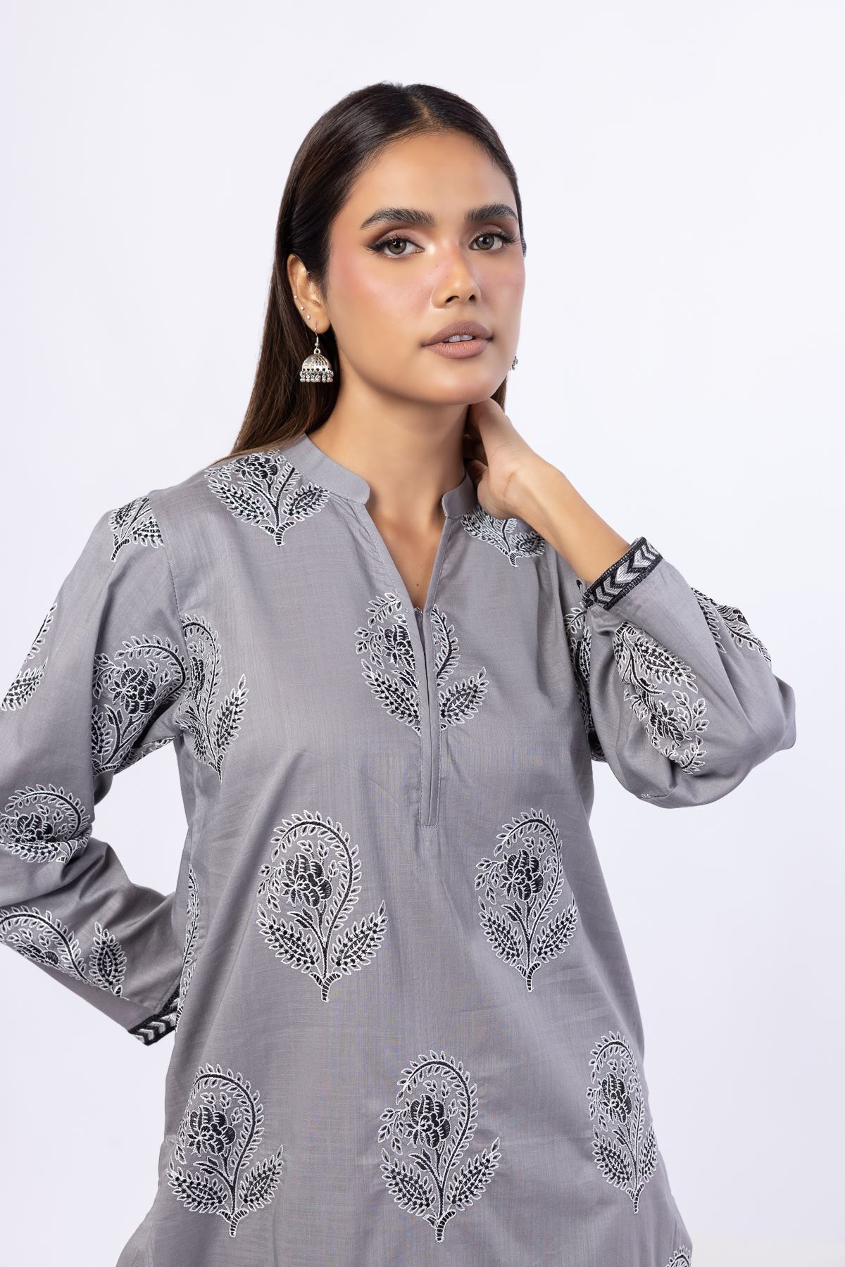 Embroidered Crosshatch Poplin Kurta - 25-W02iB-02TA-VG