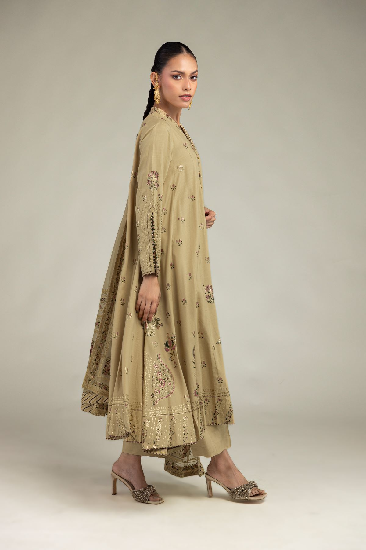 Embroidered Raw Silk 3 Piece Co-ord Set - 12-26-106-F-F-VG