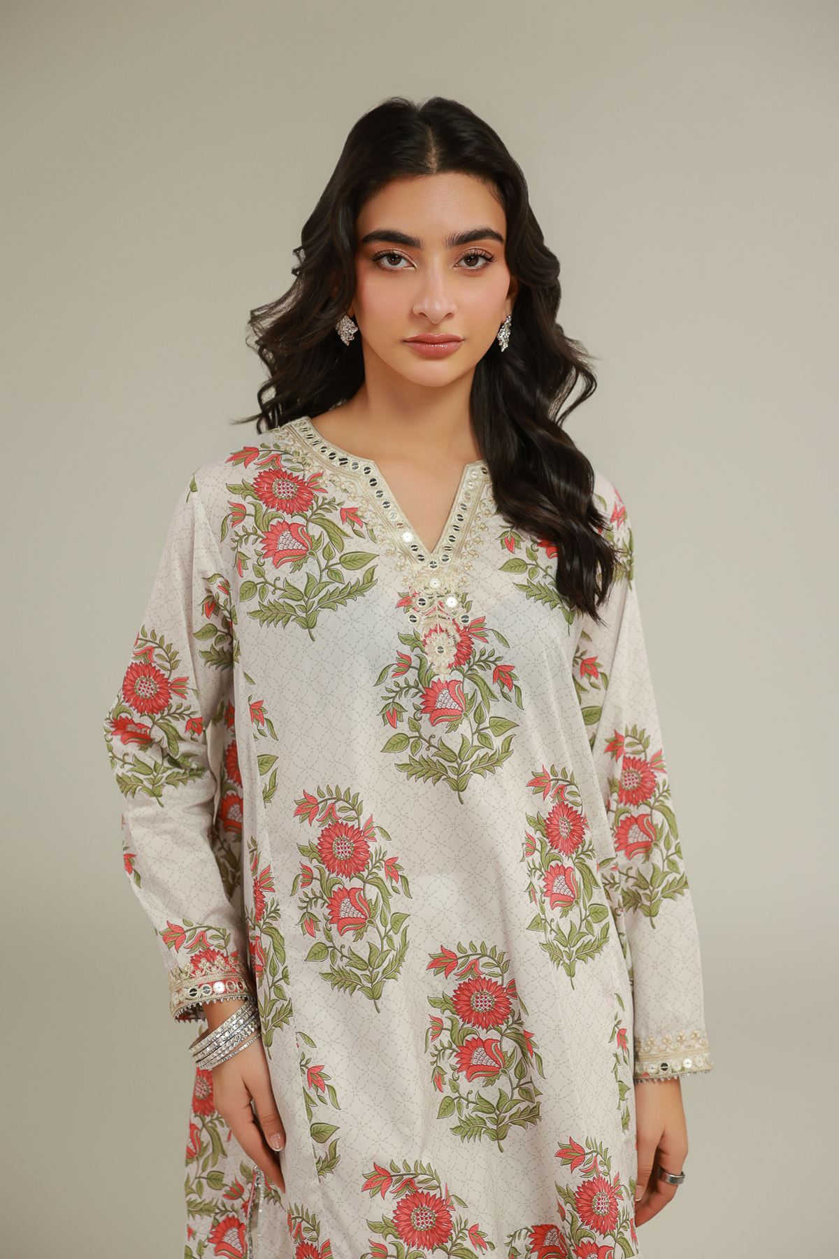 Embroidered Cotton Viscose Floral Mirror Kurta - 25-00-X2-08TB-VG