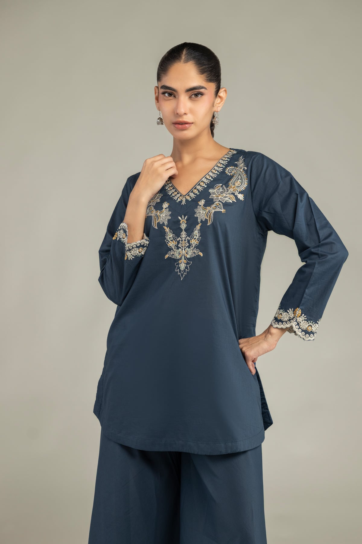 Embroidered Cambric Short Navy Kurta - 1-26-102-A-F-VG