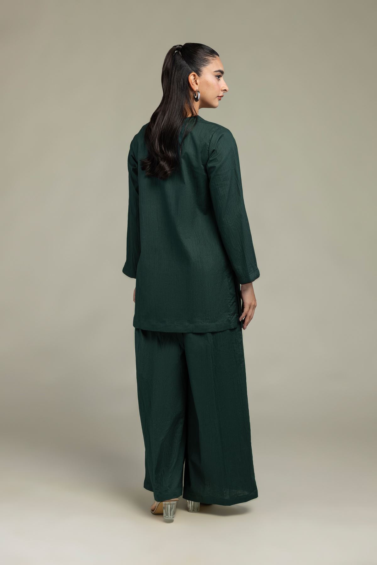 Dyed Cotton Crinkle V-Neck Green Kurta - 8-26-303-A-C1-VG