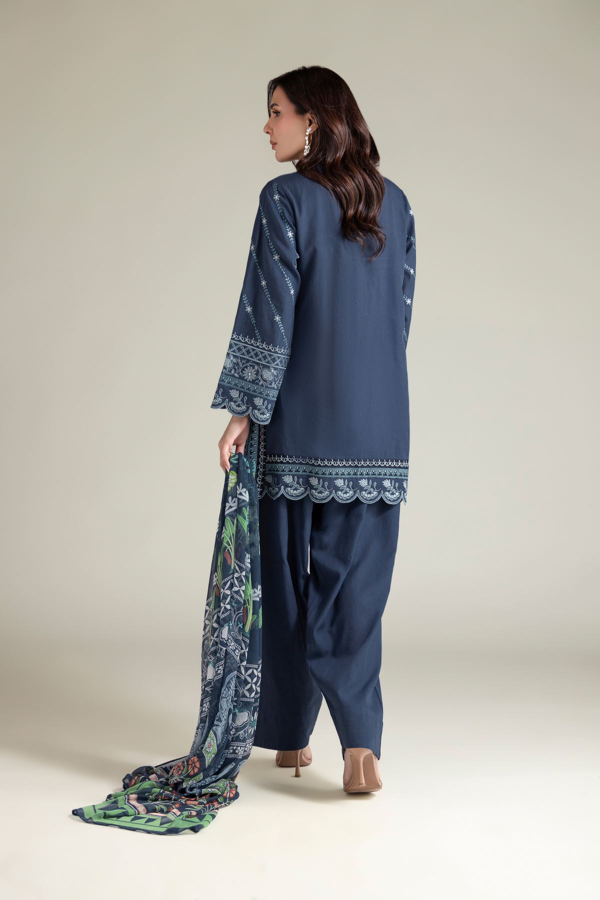 Embroidered Textured Cotton Tailored 3 Piece - T-A22-26-207FA2-VG