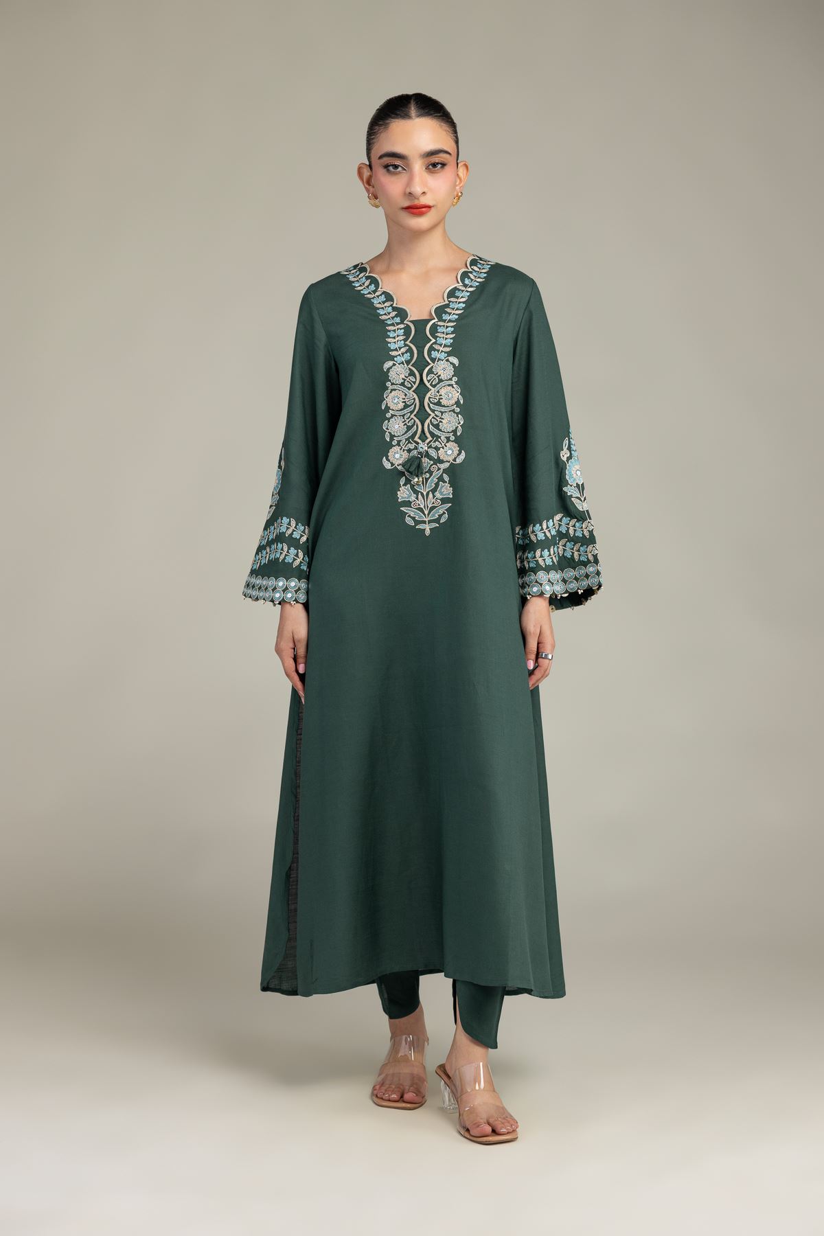 Embroidered Raw Silk Green Silk Shalwar - 2-26-210-A-D1-VG