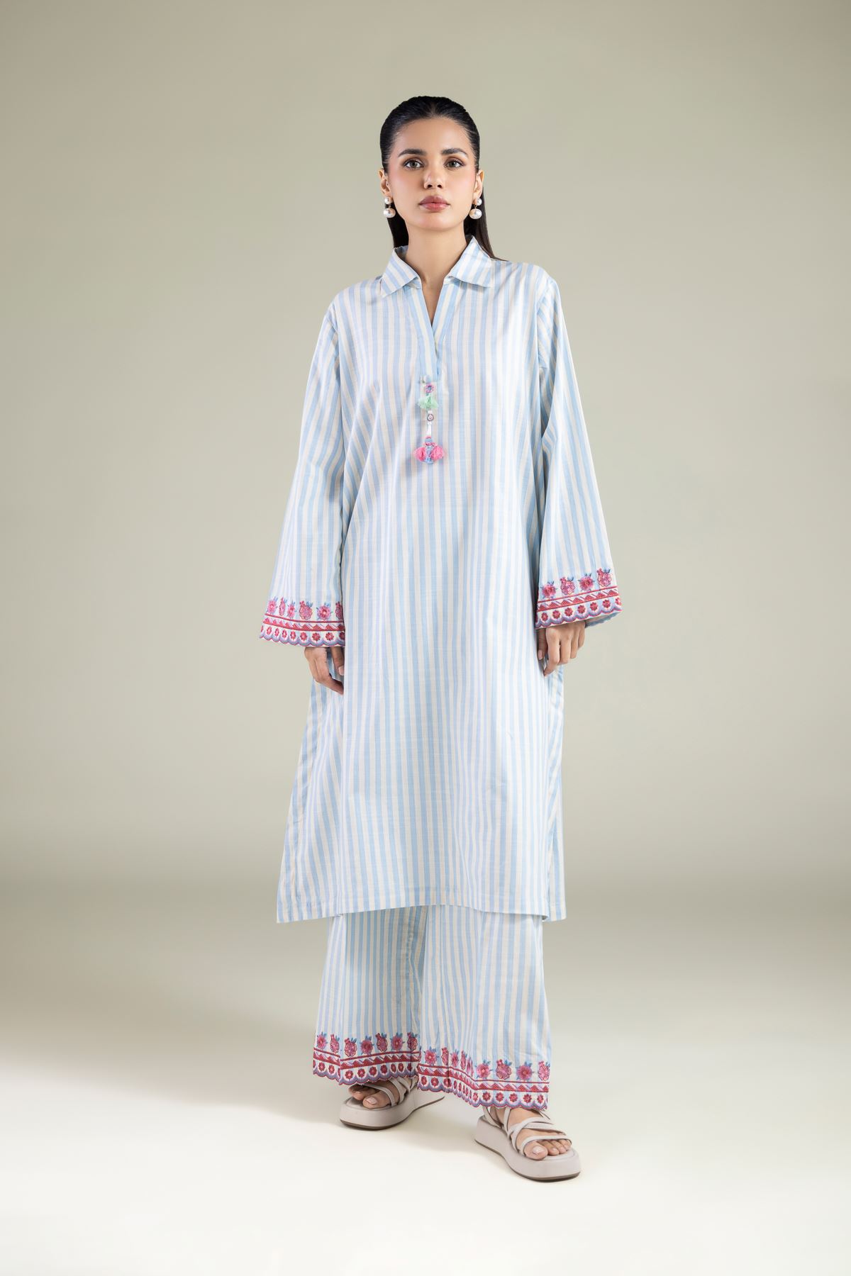 Embroidered Textured Cotton Pants - 1-26-143-A-F-VG