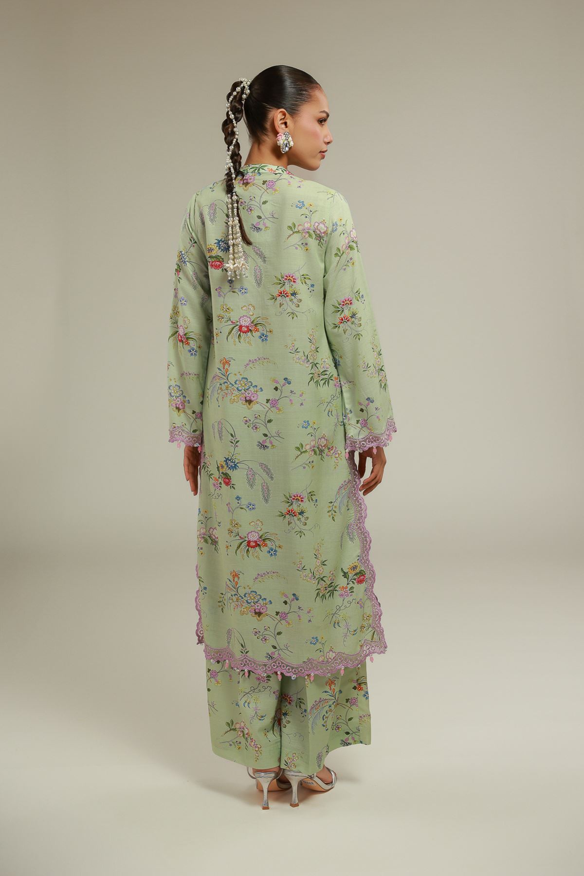 Embroidered Raw Silk Floral Longline Kurta - 25-00-X2-08TB-VG