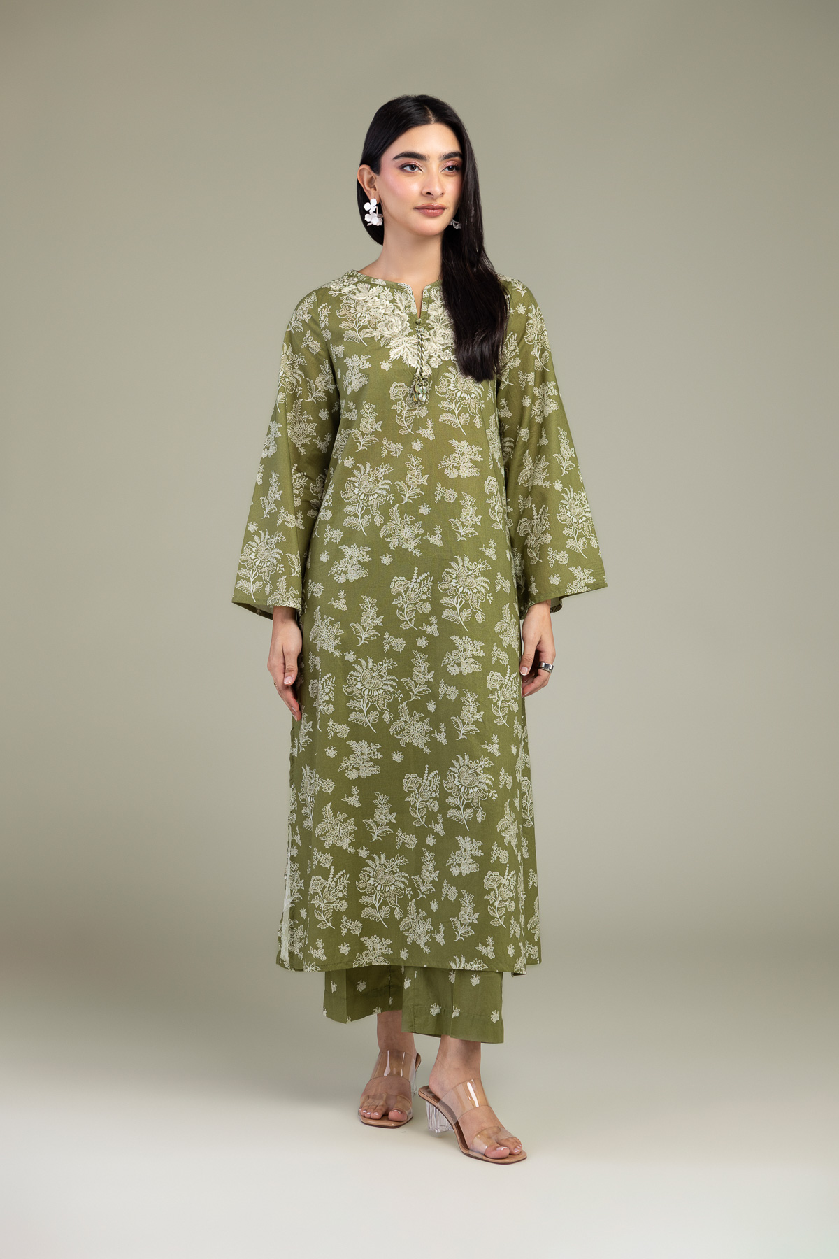 Embroidered Cambric Olive Longline Kurta - 1-26-102-A-F-VG