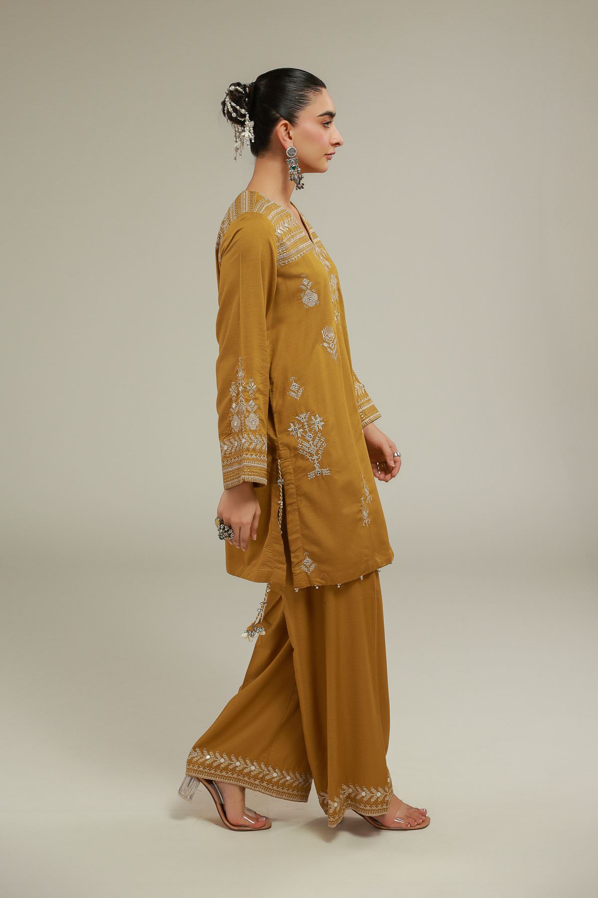 Embroidered Raw Silk Relaxed Fit Pants - 2-26-103-A-C-VG