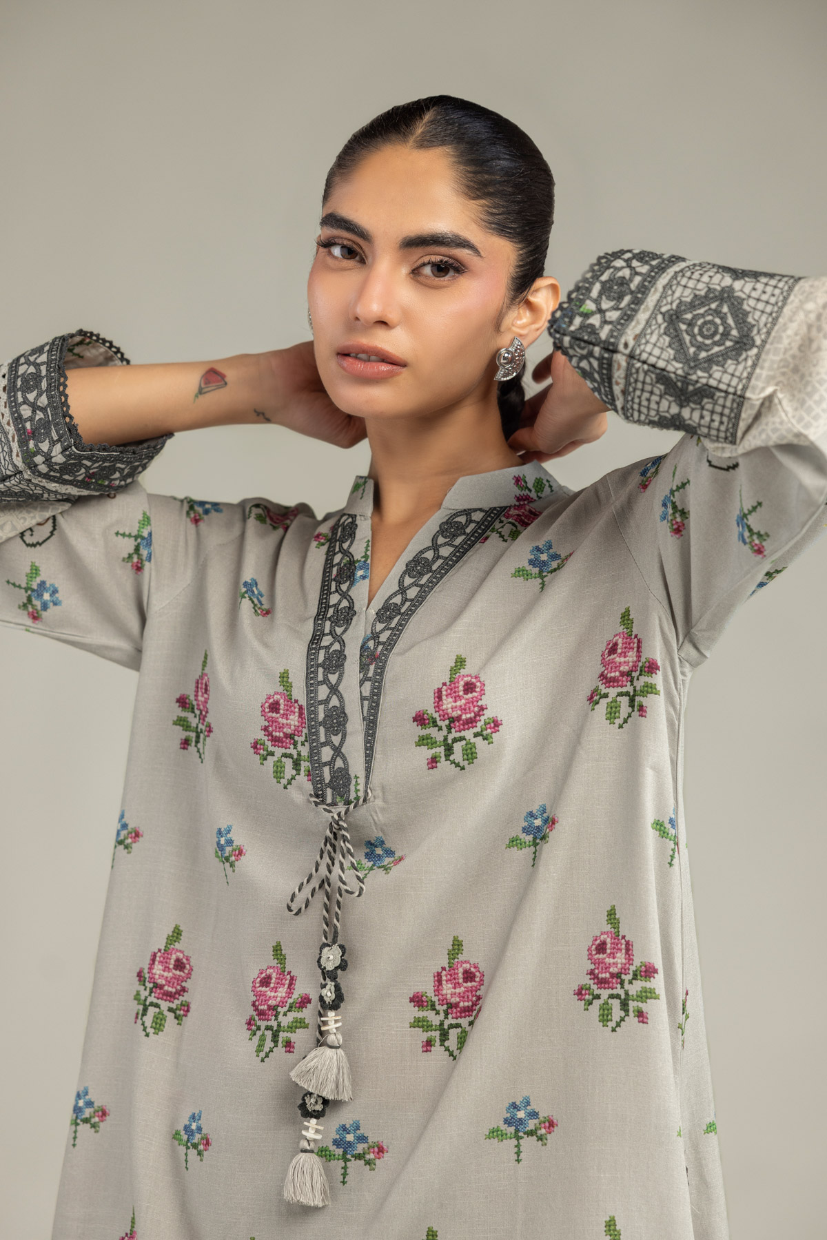 Embroidered Raw Silk Floral Gray Kurta - B1-2-26-106-A-C-VG