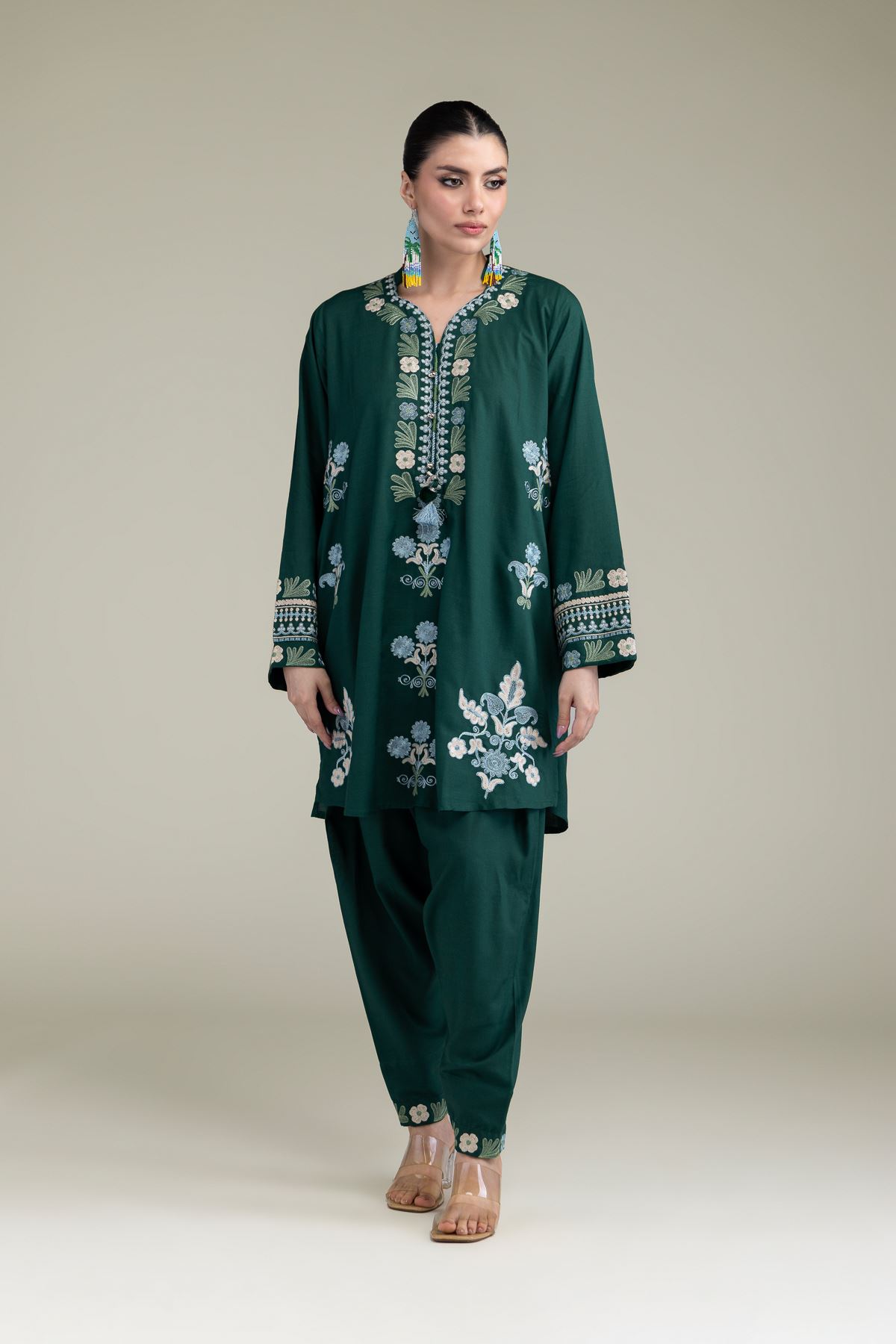 Embroidered Raw Silk Green V-Neck Kurta - 1-26-238-A-J1-VG