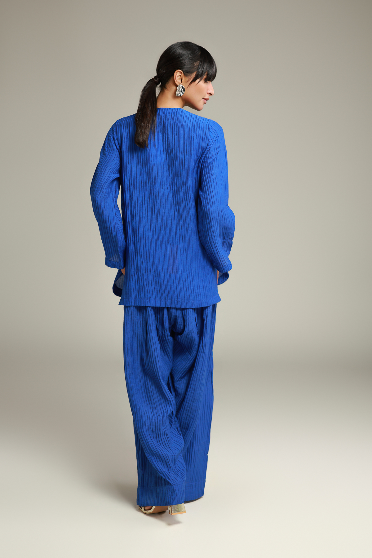Dyed Blended Crinkle Short Blue Kurta - T-A112-26-103EF2-VG