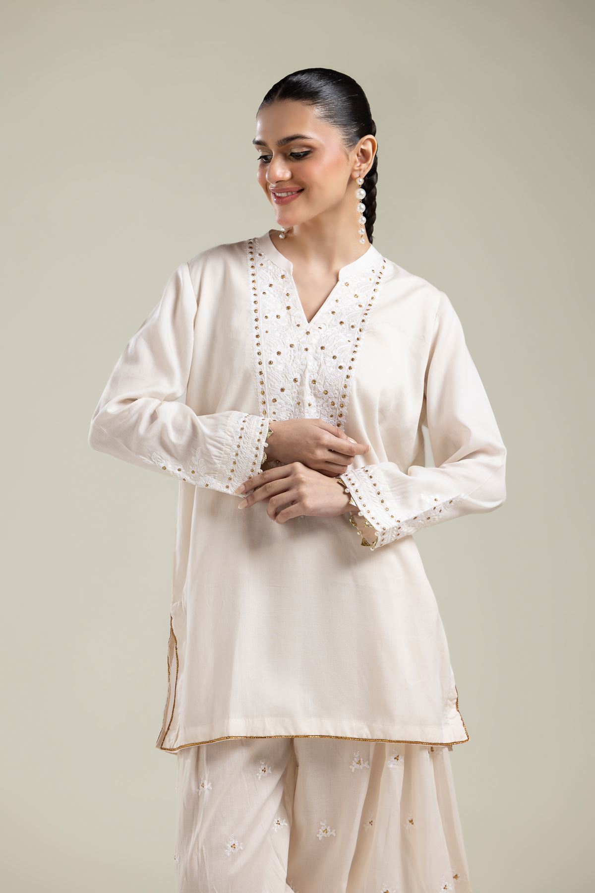 Embroidered Textured Weave Short V-Neck Kurta - 1-26-106-A-D-VG