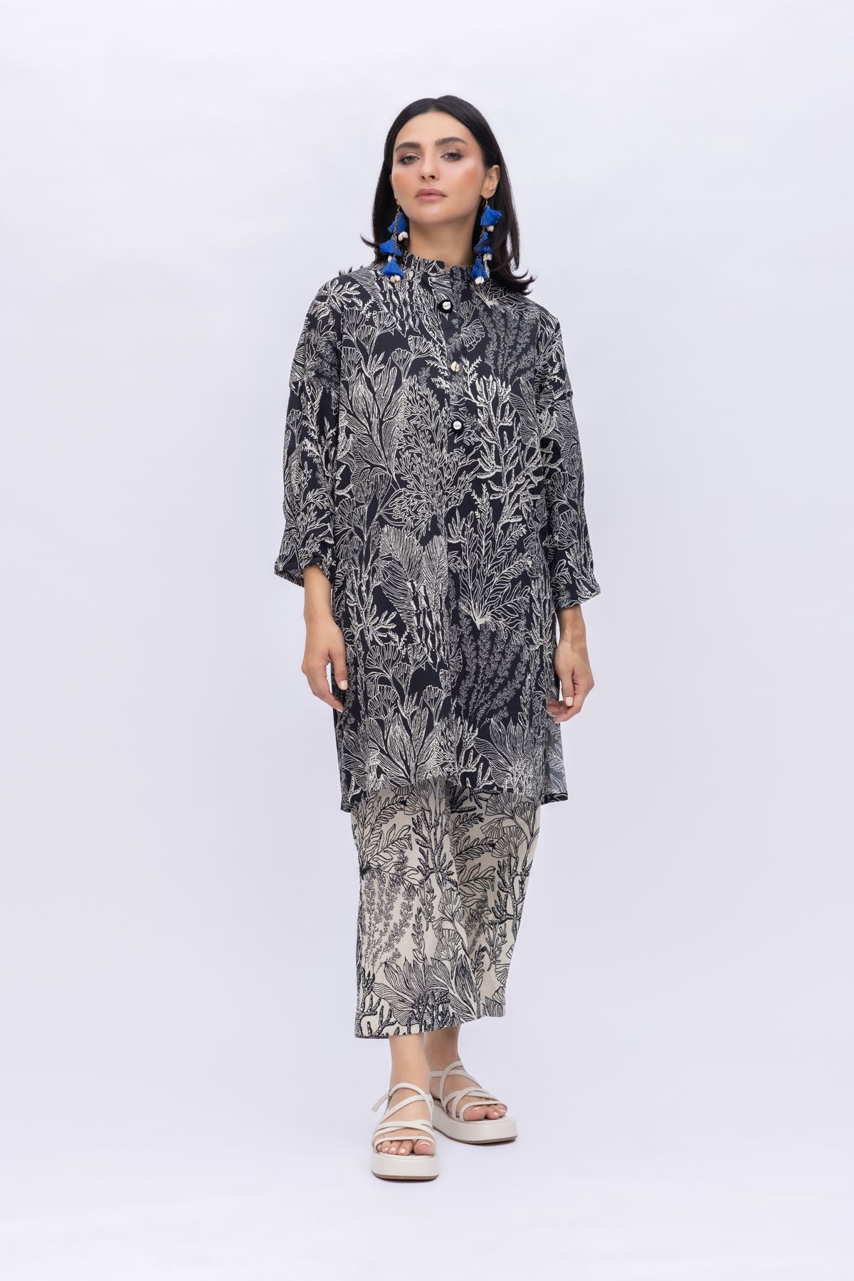 Printed Ripple Crinkle Long High-Neck Kurta - 25-08-8E4-01TA-VG
