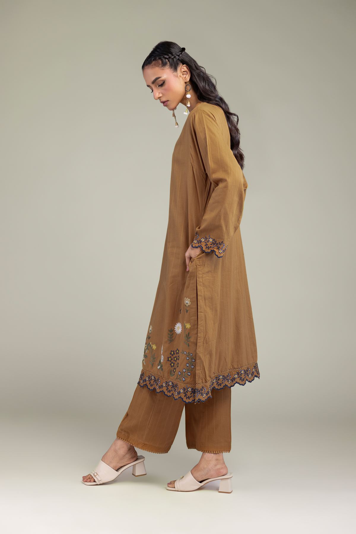 Embroidered Textured Cotton Solid Cotton Pants - 1-26-131-A-B-VG