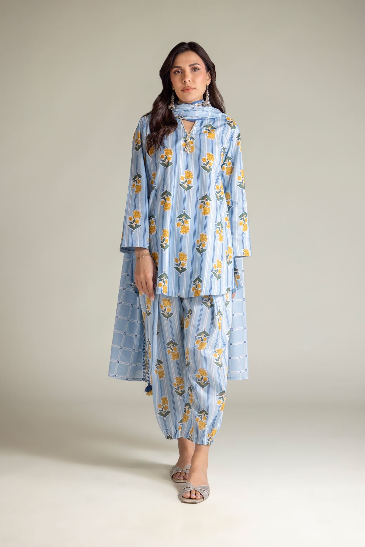 Embroidered Cambric Blue V-Neck Kurta - 1-26-204-A-F1-VG